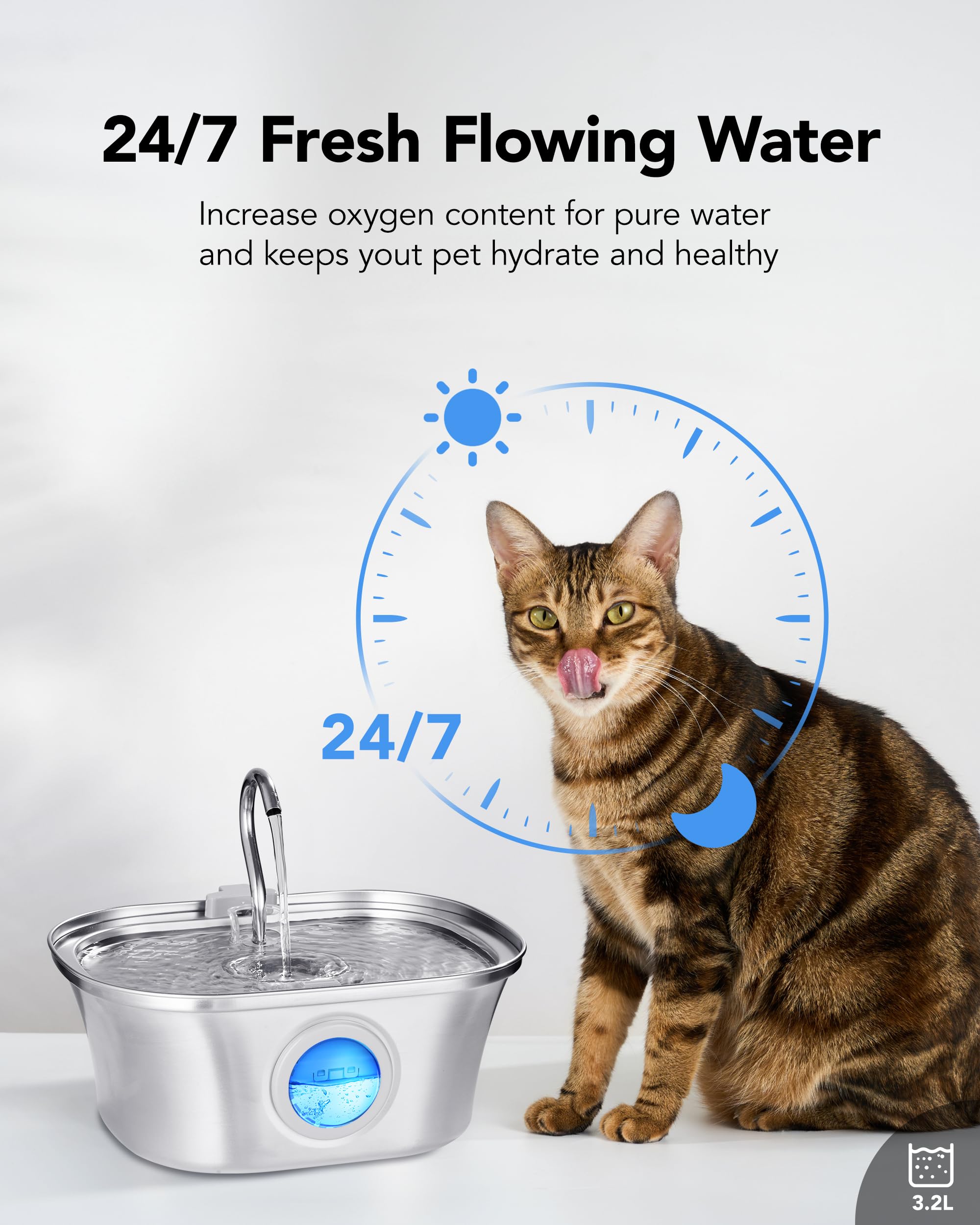 Cat Water Fountain with Water Level Window, HICC PULE 108oz/3.2L Stainless Steel Automatic Pet Water Fountain, Dishwasher Safe Dog Water Dispenser with Ultra-Quiet Pump, Multi-Filtration System - image 3