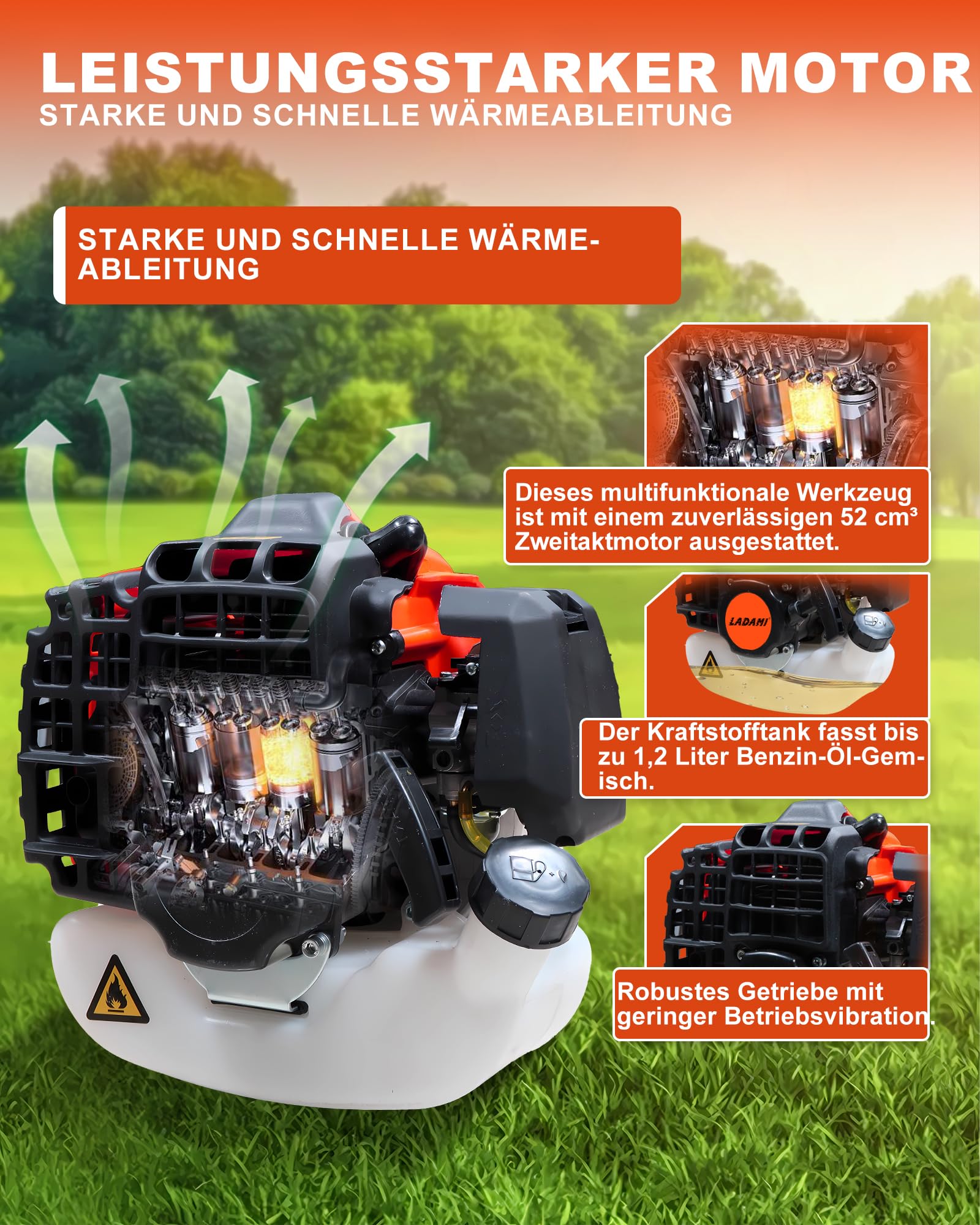 Benzin Motorsense 52cc 2-Takt freischneider-mit Benzin-Strimmer und Freischneider 、Heckenschere 、Kettensäge 3 PS, 2-Takt Luftgekühltes Gartengerät, Leistungsstark & Kraftstoffsparend