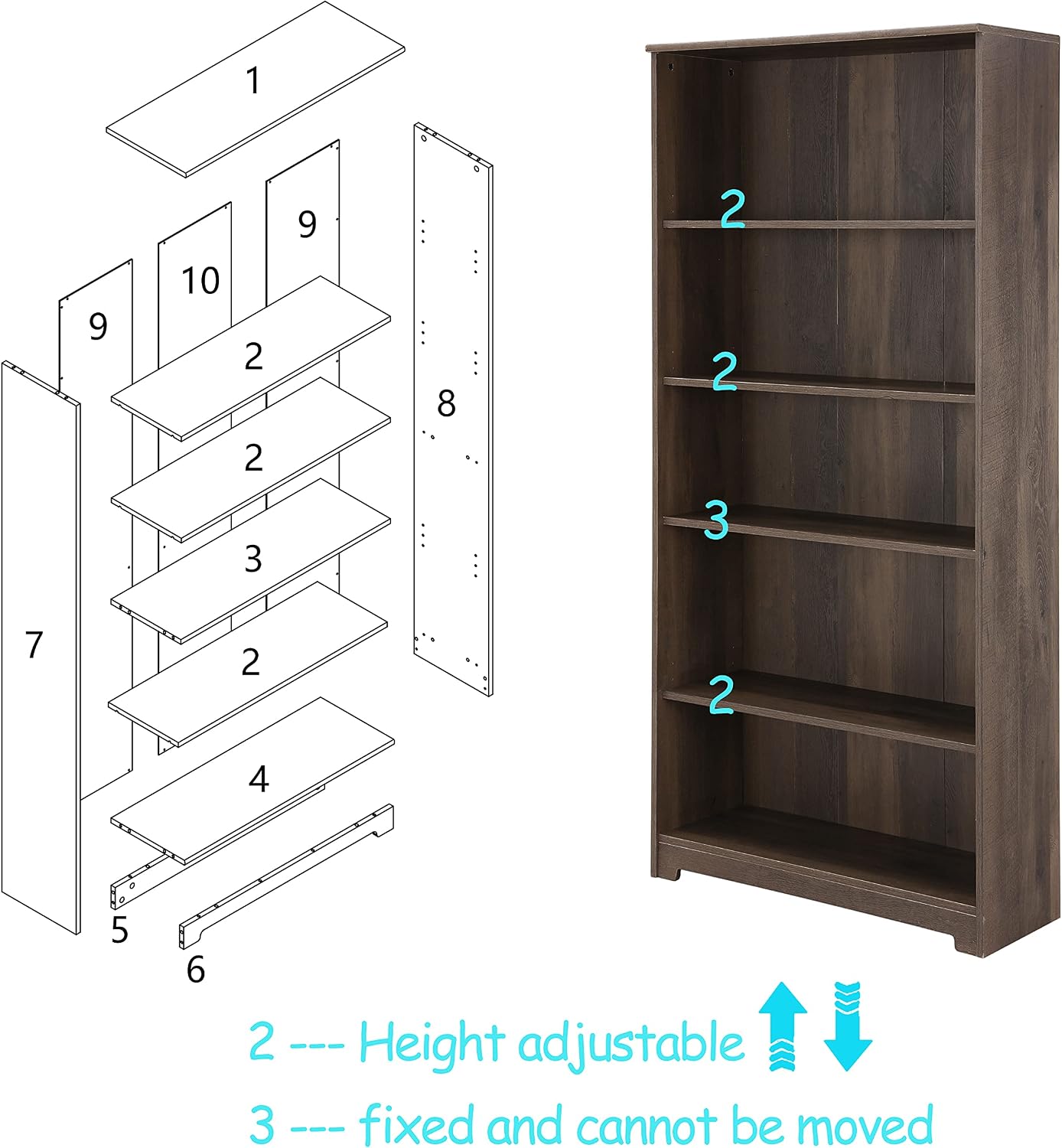 Exploded View Shelf LOKATSE HOME 5-Shelf Bookcase Instruction Manual