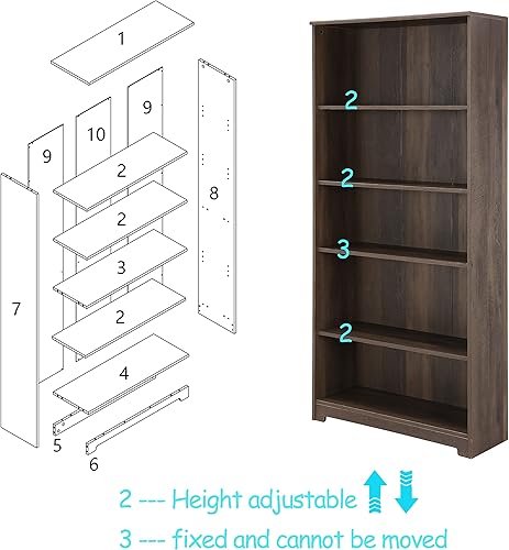 Miniatura 6 de LOKATSE HOME Librería de 5 estantes con exhibición independiente de madera para biblioteca, dormitorio y oficina