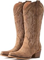 IUV Women's Cowboy Boots: Western Cowgirl Chunky Heel Mid-Calf Snip Toe - Ideal for Low Insteps