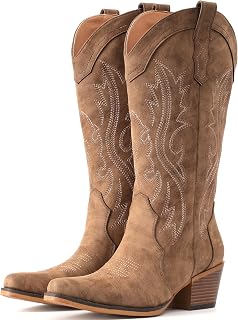 IUV Women's Cowboy Boots: Western Cowgirl Chunky Heel Mid-Calf Snip Toe - Ideal for Low Insteps