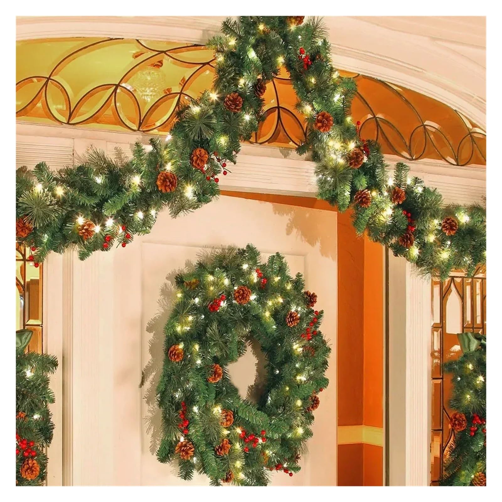 Guirnalda de Navidad Coronas navideñas con piñas y Frutos Rojos, Guirnalda navideña Artificial for chimeneas, escaleras, Puerta Principal, decoración de Año 2.7M No Light