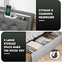 Vista 5 de Base de cama Queen con 4 cajones de almacenamiento y luces LED, plataforma tapizada tamaño Queen con estación de carga, soporte de listones