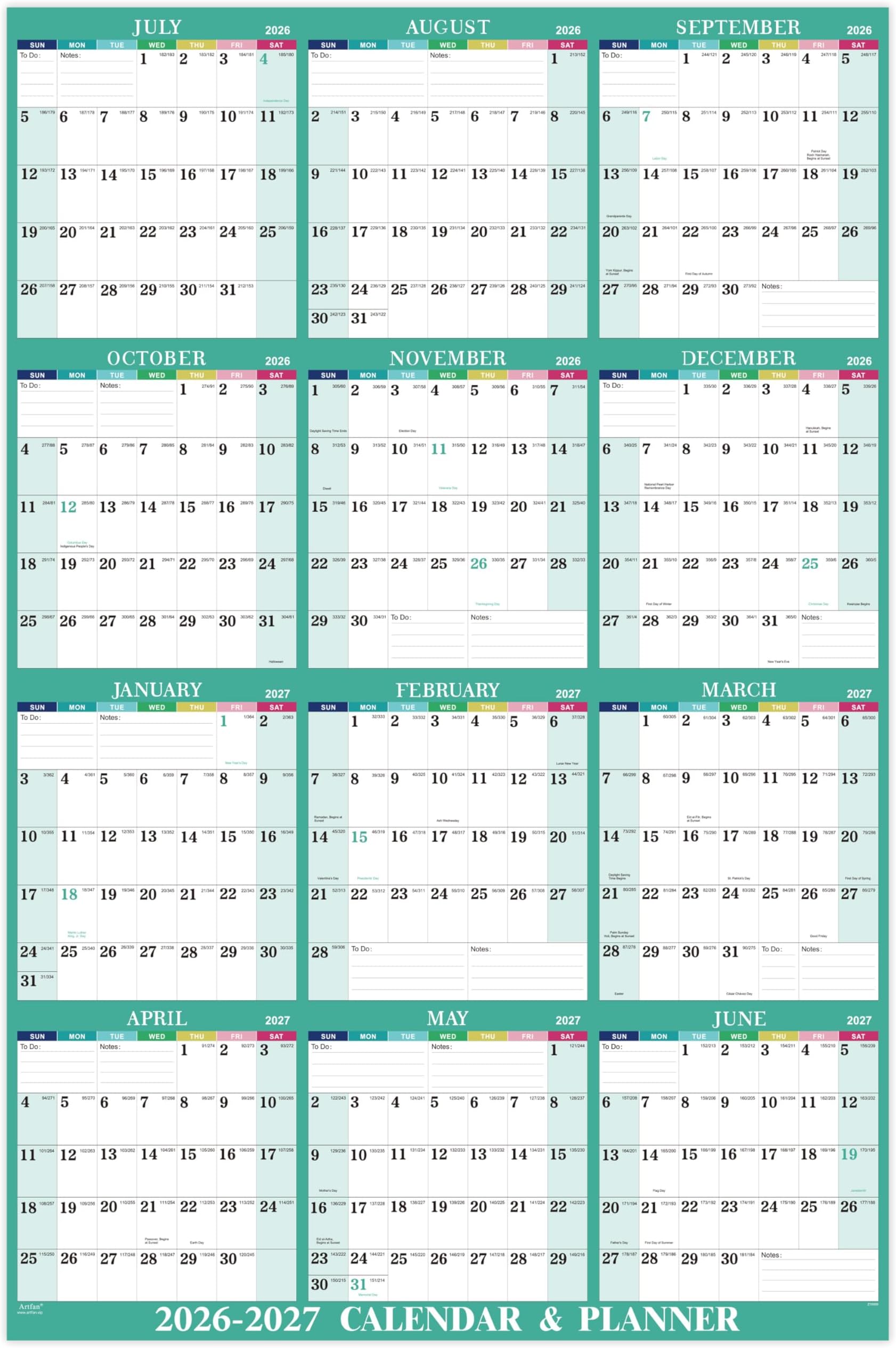 Yearly Wall Calendar 2026-2027 - 2026-2027 Calendar, July 2026 - June 2027, 34.8" x 22.8" (Open), Yearly Wall Calendar 26-27, 26-27 Calendars Vertical, One Page for Organizing - Colorful Lump