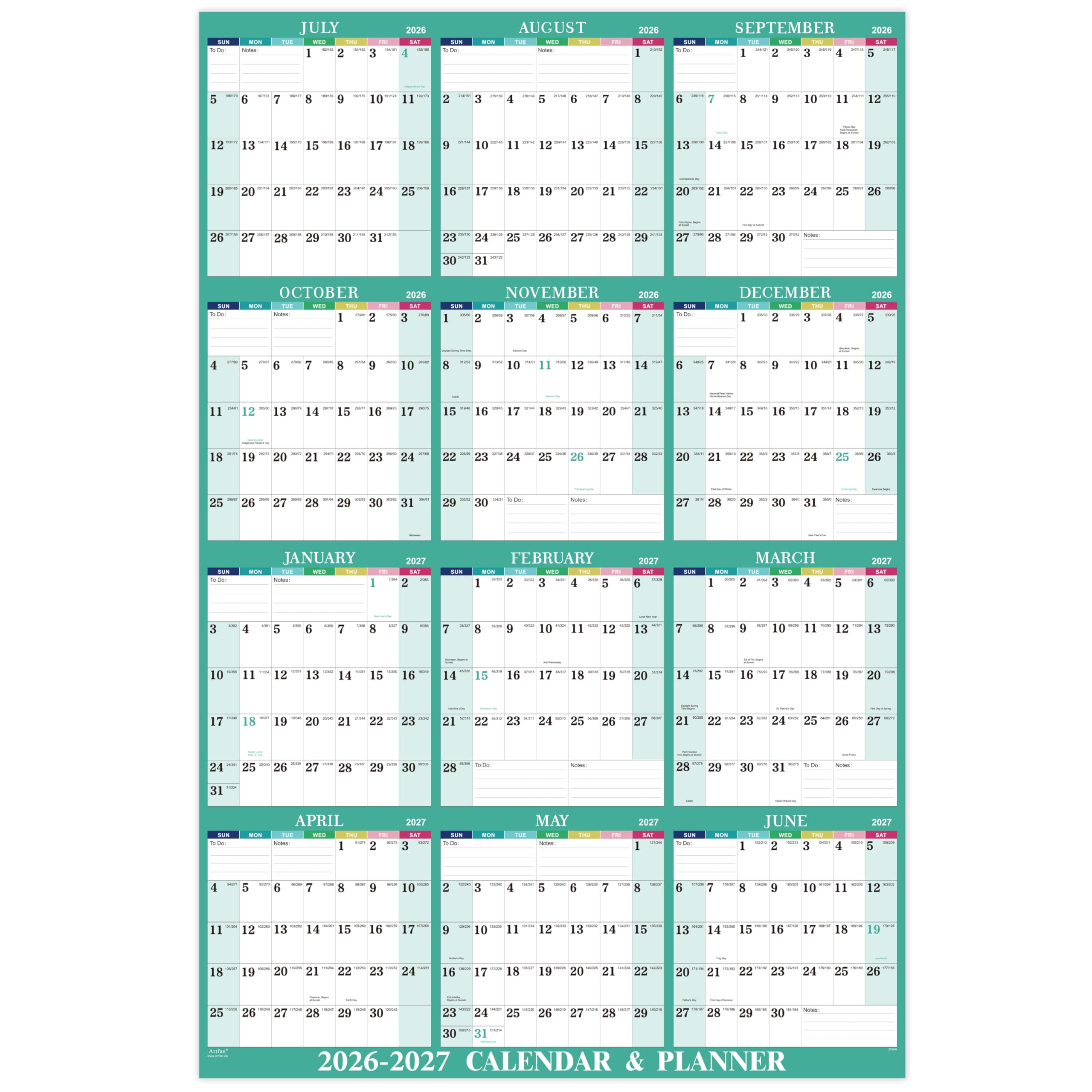 Yearly Wall Calendar 2026-2027 - 2026-2027 Calendar, July 2026 - June 2027, 34.8" x 22.8" (Open), Yearly Wall Calendar 26-27, 26-27 Calendars Vertical