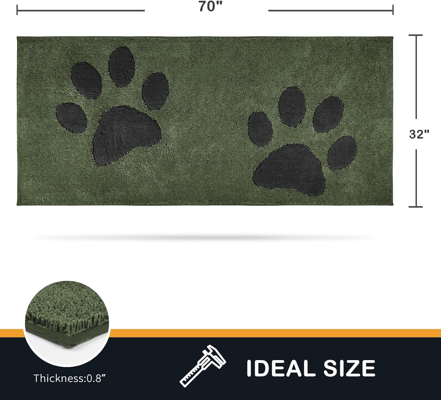 PURRUGS Dirt Trapping Door Mat 32" x 70", Non-Skid/Slip Machine Washable Microfiber Entryway Rug, Dog Doormat, Super Absorbent Welcome Mat for Muddy Wet Shoes and Paws, Green