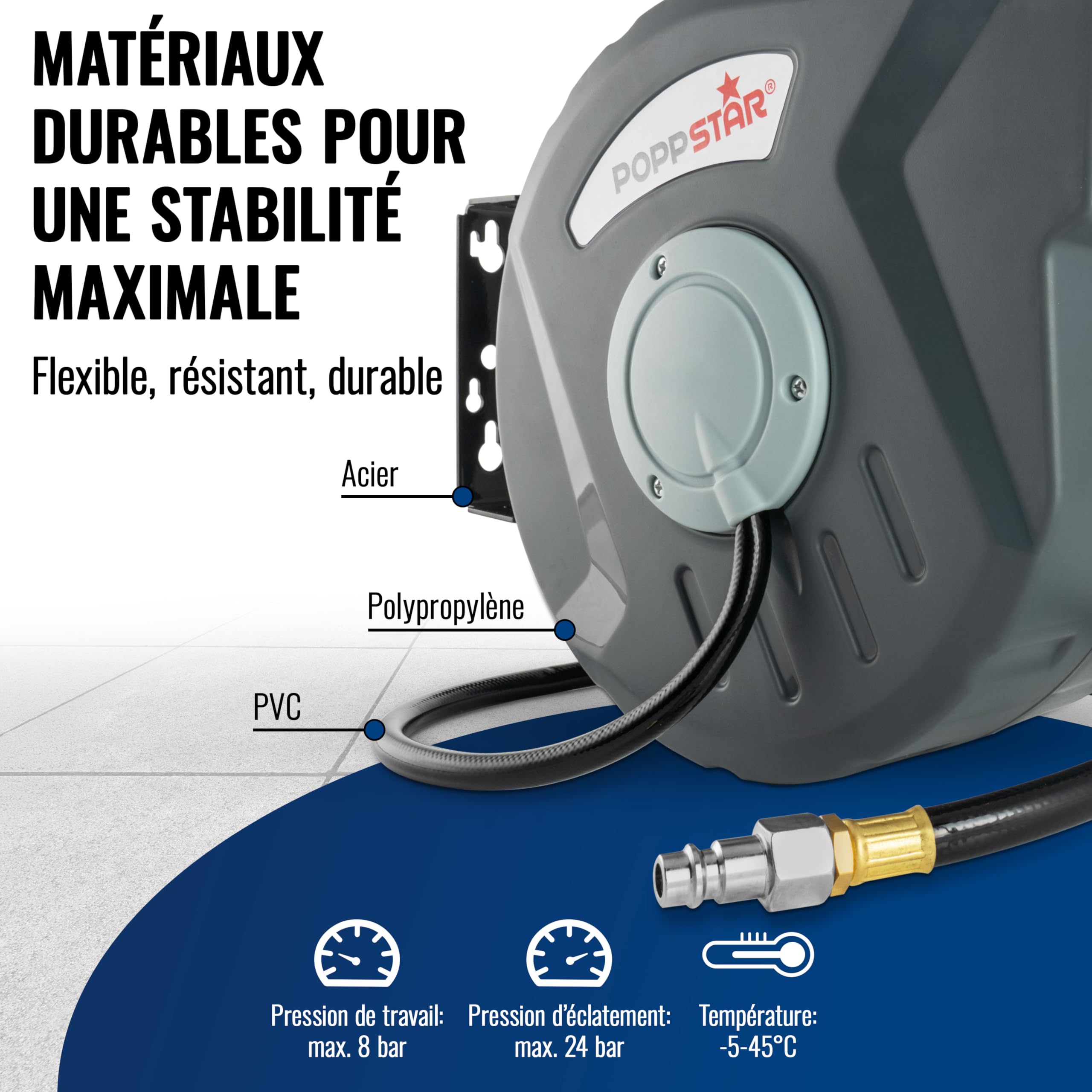 POPPSTAR Enrouleur de tuyau à air comprimé automatique (10m + 1m, diam. intérieur 5/16" (8x12mm), 1/4"BSPT), dévidoir automatique rétractable, Gris