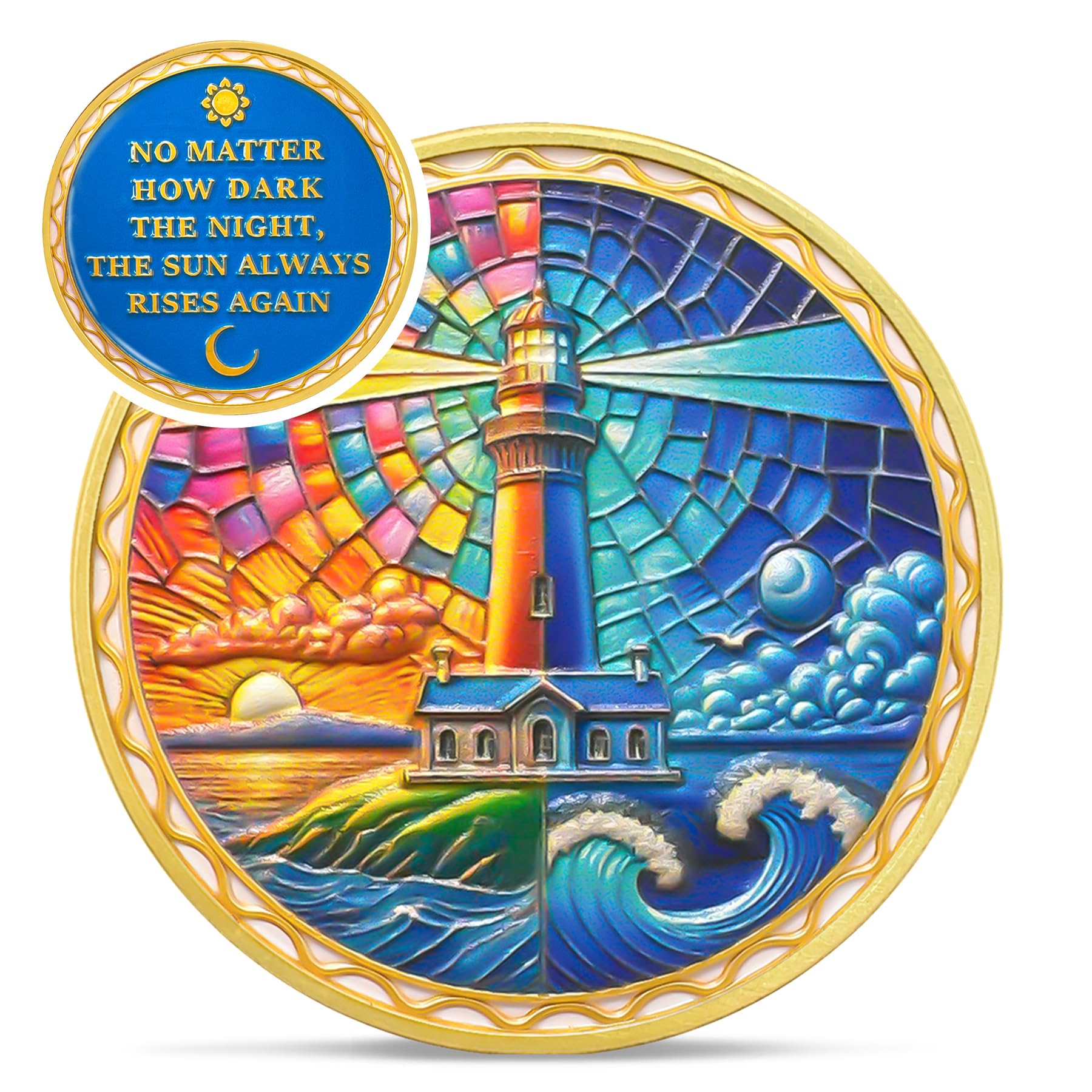 Sonne und Mond Leuchtturm Nüchternheit Münze – Recovery Addiction Ocean AA Münzen – Affirmation NA AA Chips und Medaillons – Feiern Sie Living Clean Narcotics Alcoholics Anonyme Geschenke für Männer