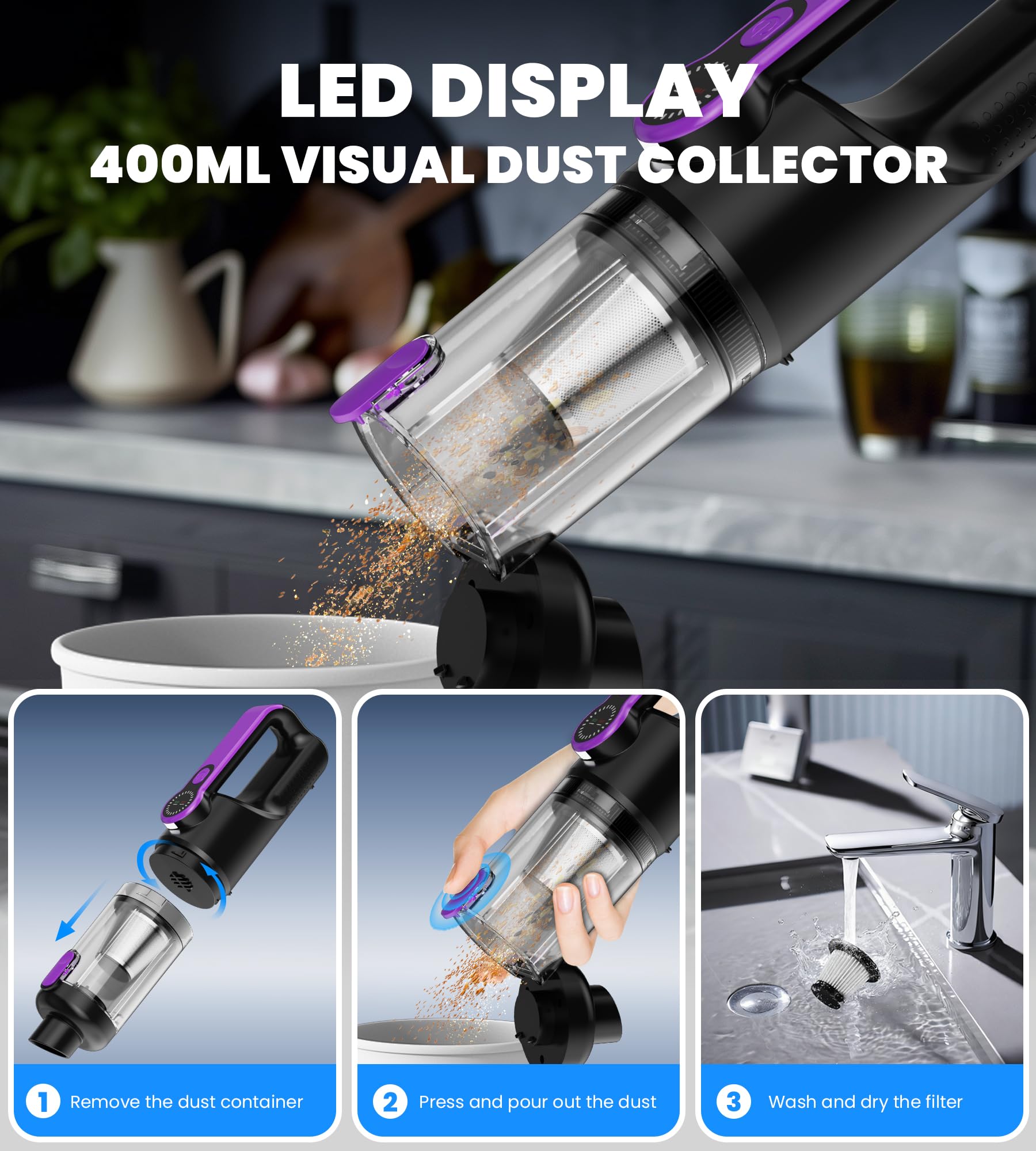 Aspirateur Voiture 4 en 1 26000 PA, Aspirateur à Main Sans Fil Puissant et Compact, Avec LED Affichage et Batterie Rechargeable, Pour la Voiture, Maison, le Bureau et la Cuisine, Les Poils D'animaux.