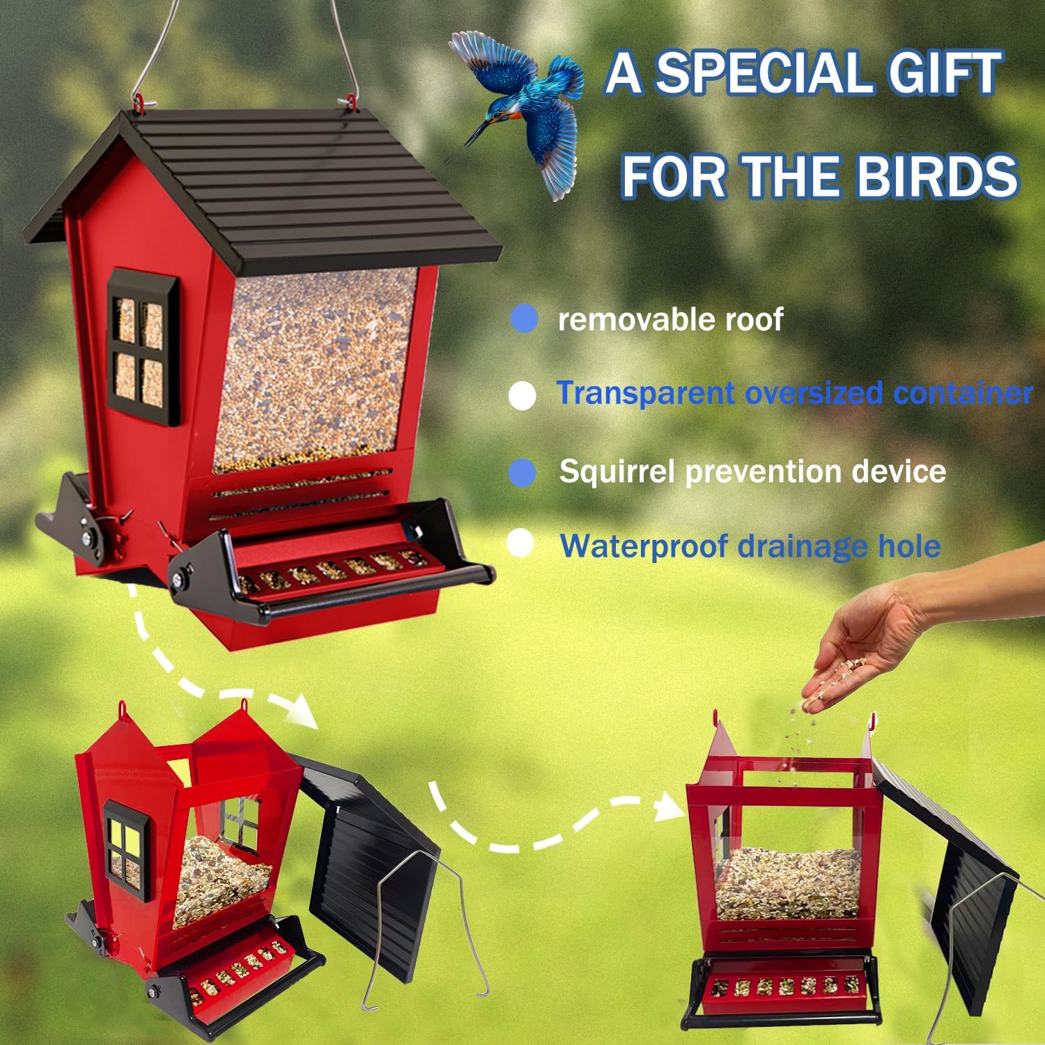 LSCQYYCCSquirrel Proof Bird Feeders for Outdoors Hanging, 5LB Capacity Metal Wild Birdfeeders Outside Hanging,Large Feeder That Attracts Cardinals, Chickadees, and More Birds-One in red