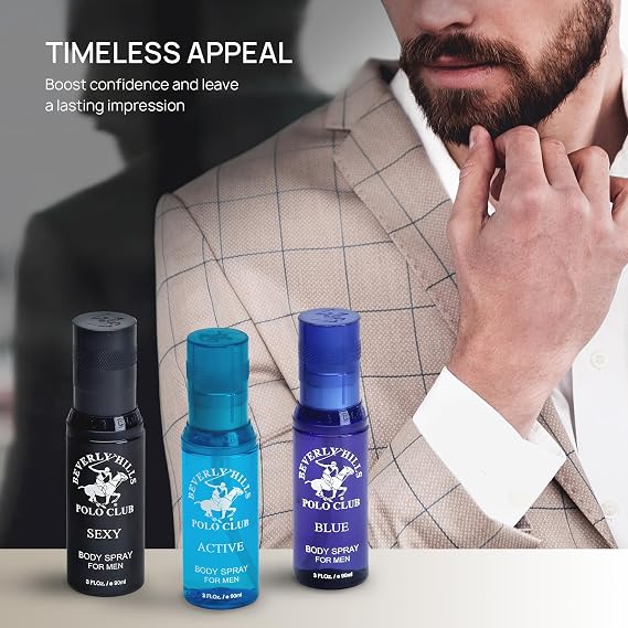 Beverly Hills Polo Club Men's Signature Body Spray Collection | 3-Piece Set: Blue, Active, Sexy | Versatile Fragrances for Every Occasion | Travel-Friendly 3 fl oz Each | Premium Grooming Gift for Him