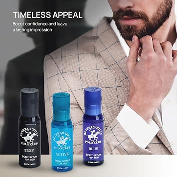 Beverly Hills Polo Club Men's Signature Body Spray Collection | 3-Piece Set: Blue, Active, Sexy | Versatile Fragrances for Every Occasion | Travel-Friendly 3 fl oz Each | Premium Grooming Gift for Him