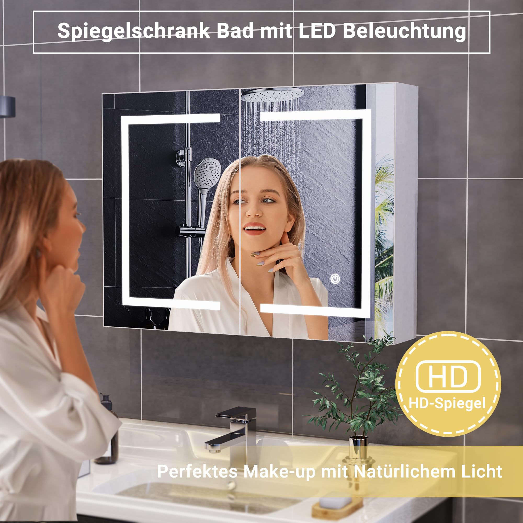 Specchio bagno contenitore con luce, 80 x 13,5 x 60 cm, Mobiletto Specchio Bagno Sospeso con 2 Ante, ripiano regolabile, luminosità regolabile, armadietto specchio bagno (bianco, 80 x 60 cm)