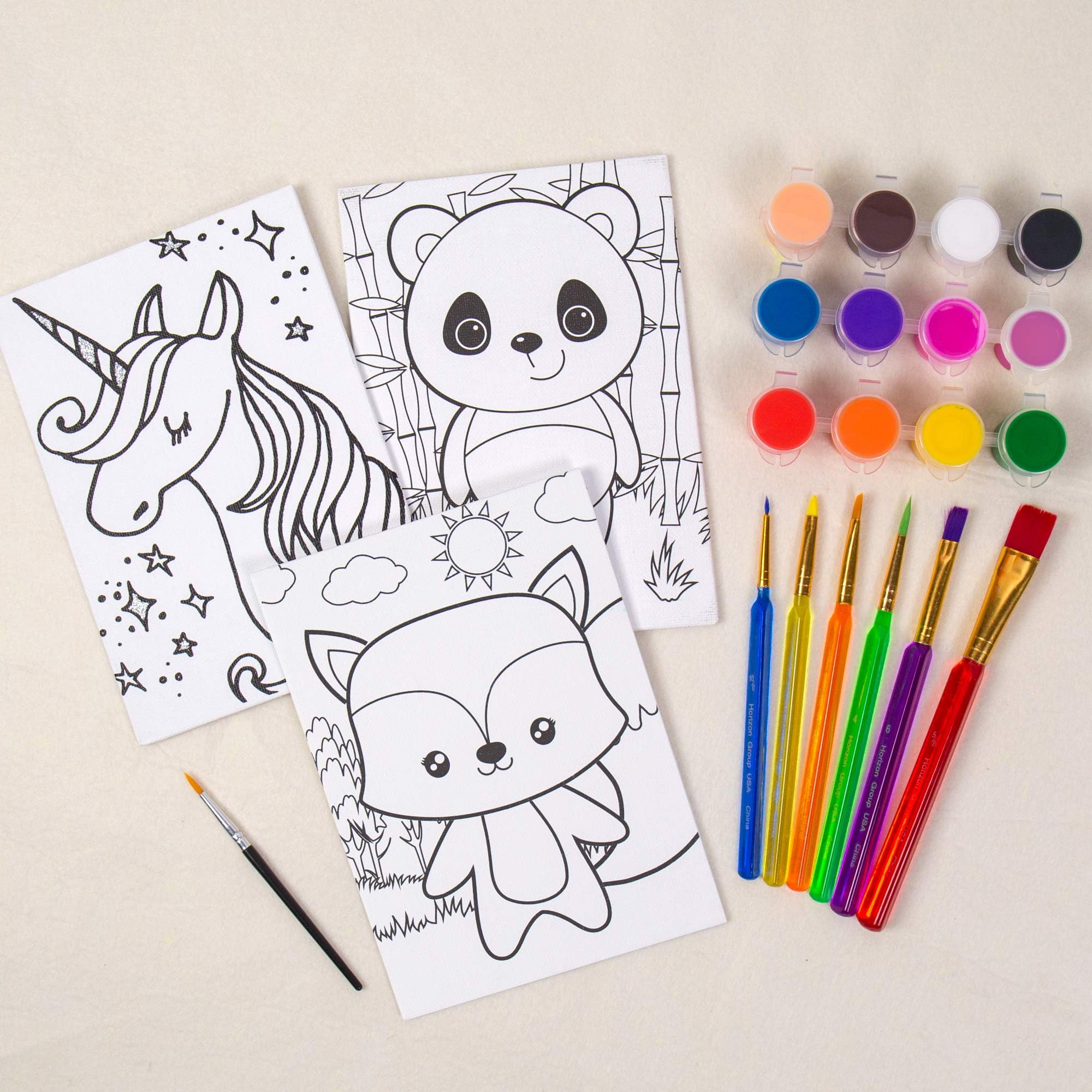 Pre-Printed Canvas & Paint Art Set. Ready to Paint 5" x 7" Canvas Panels, 12 Tempera Paints, 6 Easy-Grip Assorted Paintbrushes Included. Panda, Fox & Glitter Unicorn