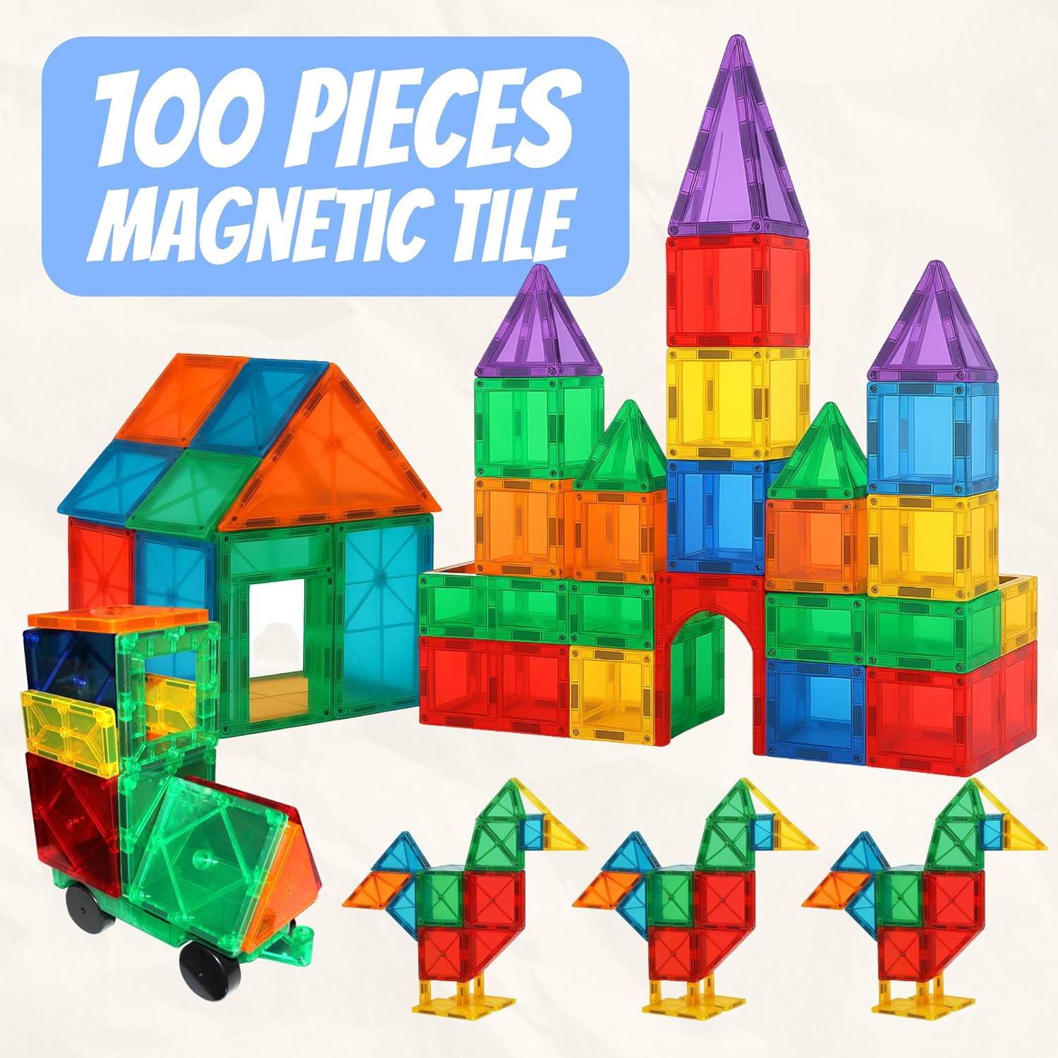 Mystical Fire Magnetic Tiles Set- 100 Pcs Montessori Inspired 3D Sensory Building Blocks for Kids- Leonardo Learning Magnetic Tiles Set STEM Approved Educational Magnet Construction Toys