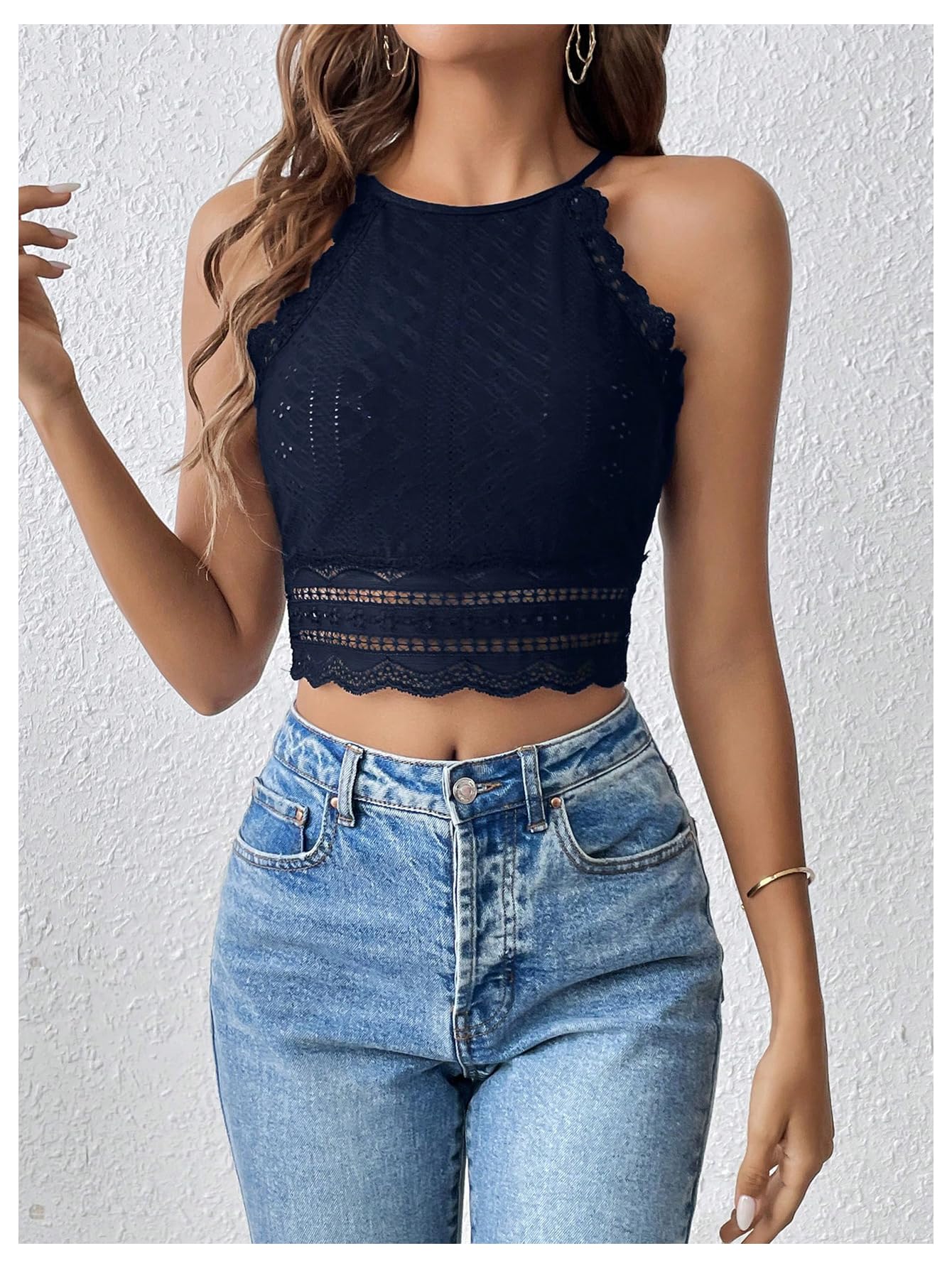 SweatyRocks Women's Floral Lace Slim Fit Crop Halter Top Sleeveless Cami Tank Tops