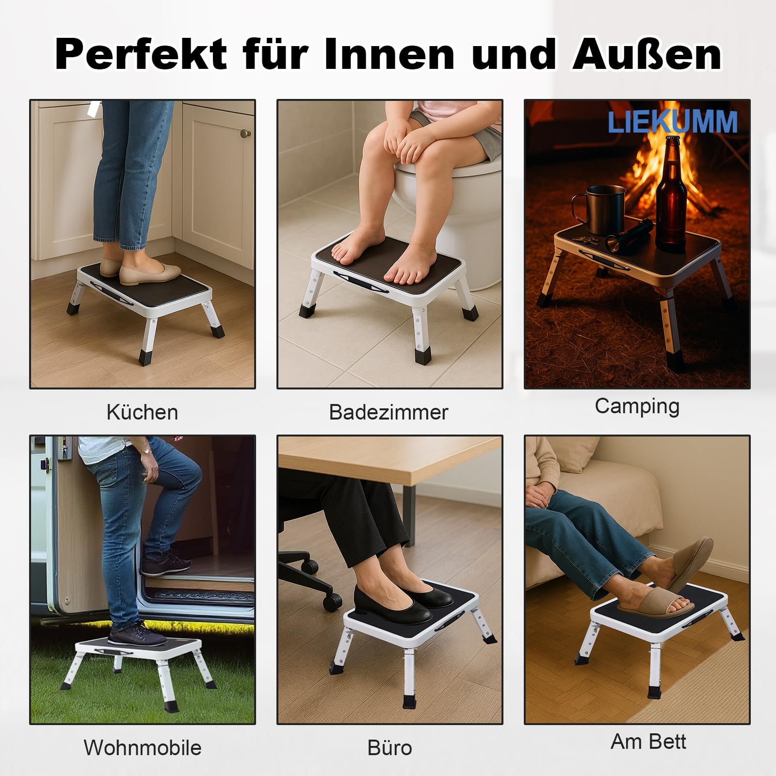 LIEKUMM 3-stufiger Tritthocker Klappbar, 150 kg Tragkraft Hocker Höhenverstellbar, Klapphocker mit Rutschfester Plattform, Trittstufe für Zuhause, Küche, Bad und Wohnmobil, Schwarz
