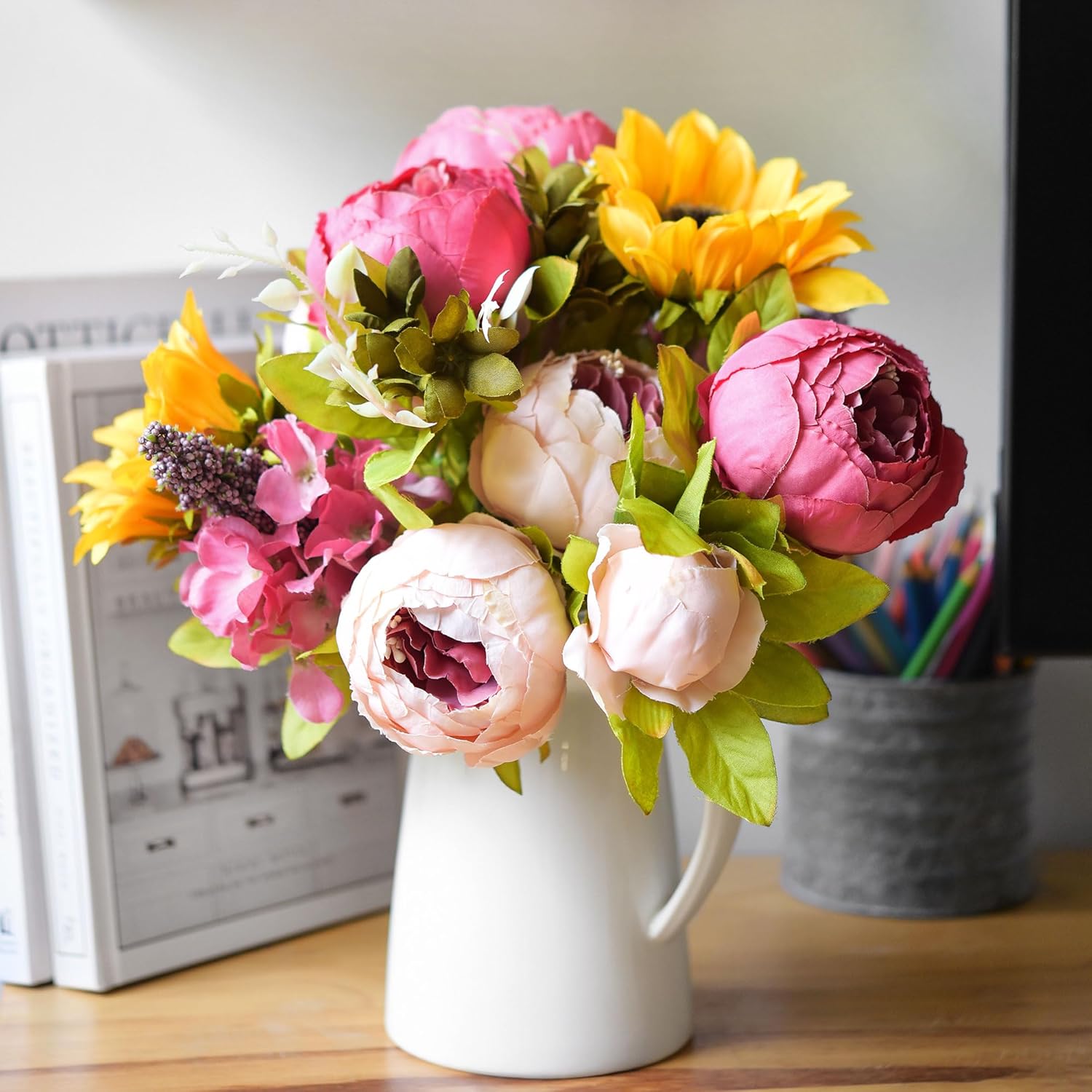 FiveSeasonStuff ''Country Cottage'' Silk Pink Peonies and Sunflowers Mix Flower Bouquet Artificial Flowers