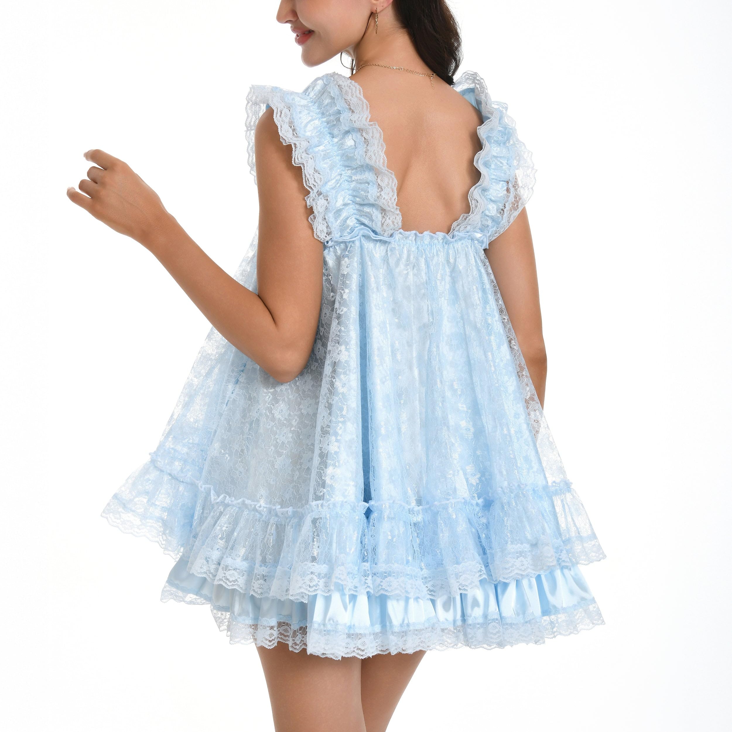 Satini Bielizna damska Satyna Delikatne Babydoll Falbanki Plisowane Sznurówka Koszulka nocna Peniuar Cosplay Bielizna nocna Sukienka