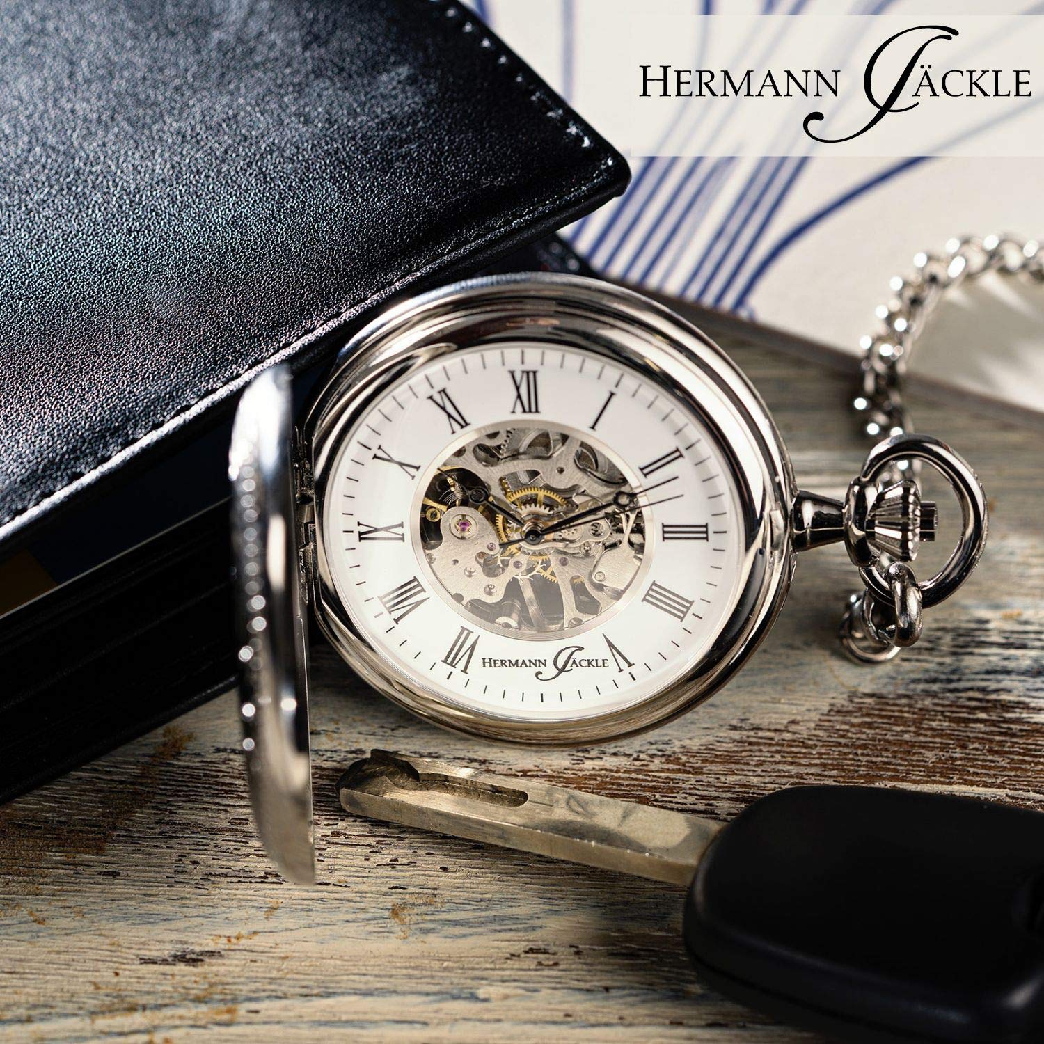 Hermann Jäckle Herren Taschenuhr Bayreuth II Skelett Handaufzug | Skelett-Uhrwerk, Handaufzug, Mineralglas, klassisches Design, inklusive Kette und Reiseetui