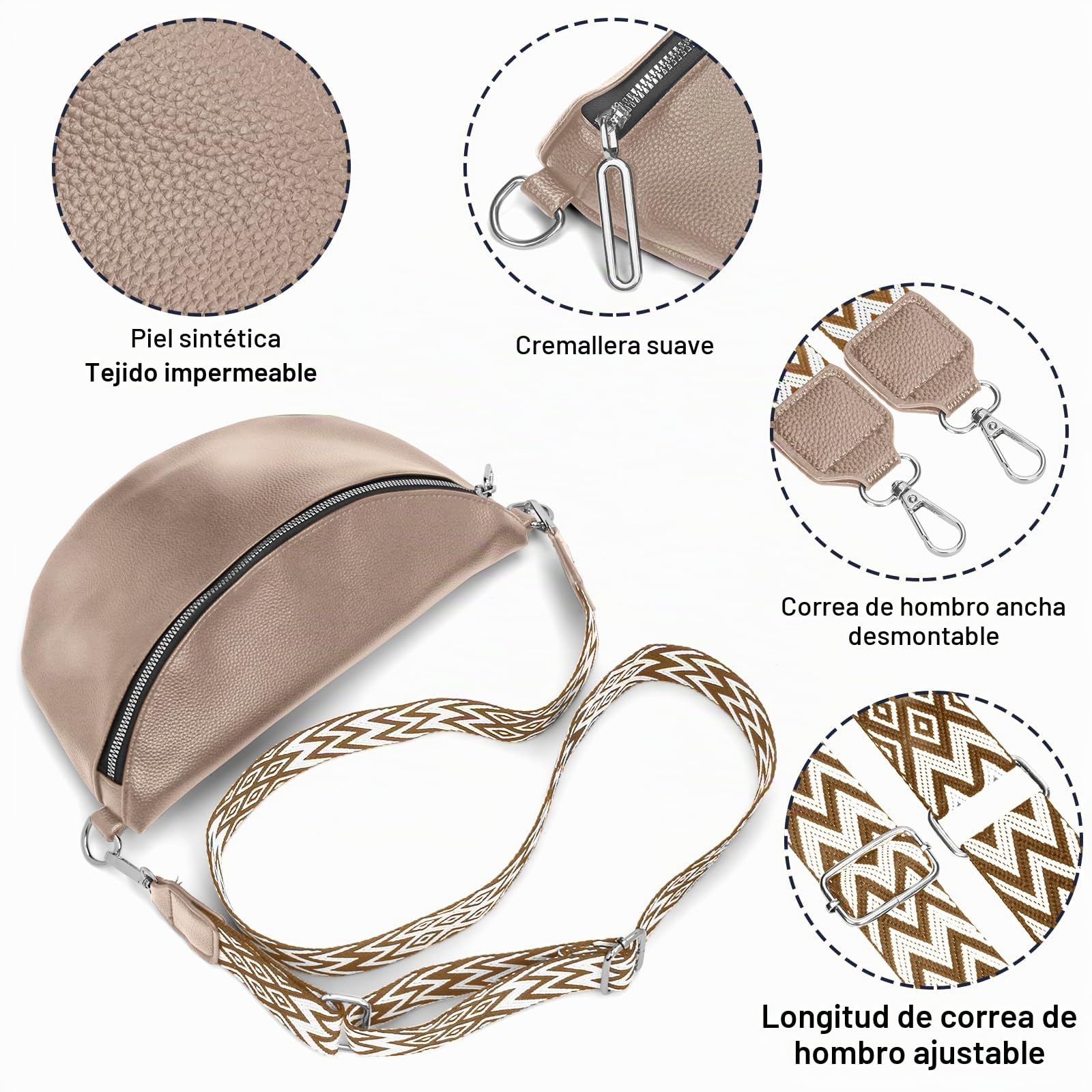 Bolso de Mujer Señoras Pequeño, Bolso Crossbody Señoras Correa Ancha, Riñonera Señoras Estiloso Cuero Repelente al Agua, Elegantes Bolsos Modernos con Correa de Mujer Desmontable