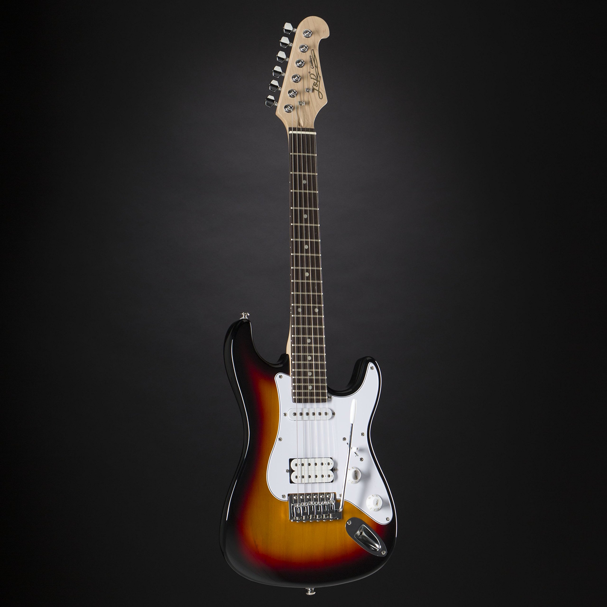 J & D E-Gitarre, 3/4 elektrische Gitarre für Anfänger mit Single Coil Tonabnehmer, Electric Guitar in hochglanz Sunburst, ST-Style Mini