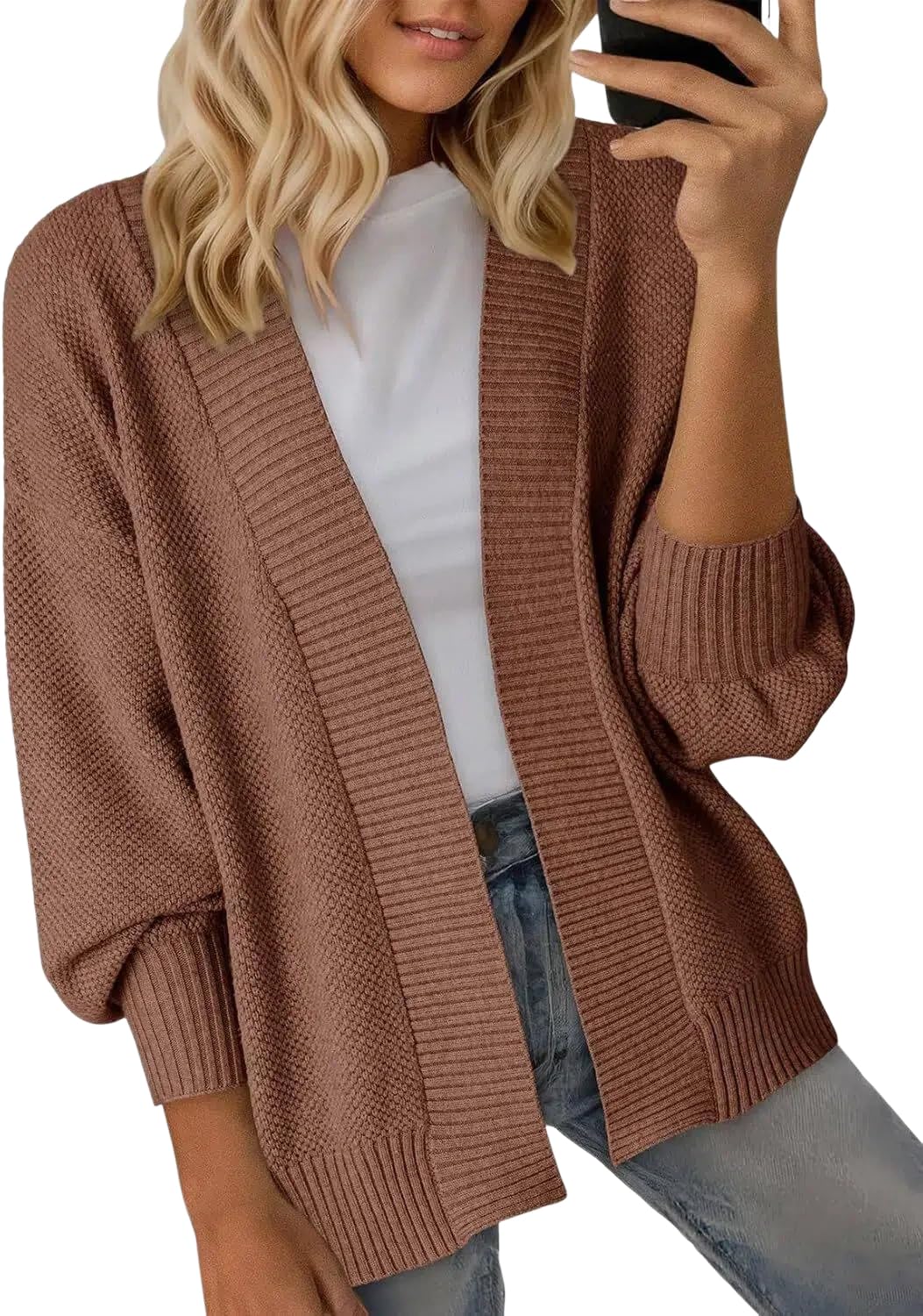 Générique Gilet Cardigan Ouvert pour Femme Col Châle Manches Longues Bouffantes Pull Léger en Maille Décontractée Doux et Confortable Idéal pour Le Bureau et Le Quotidien.