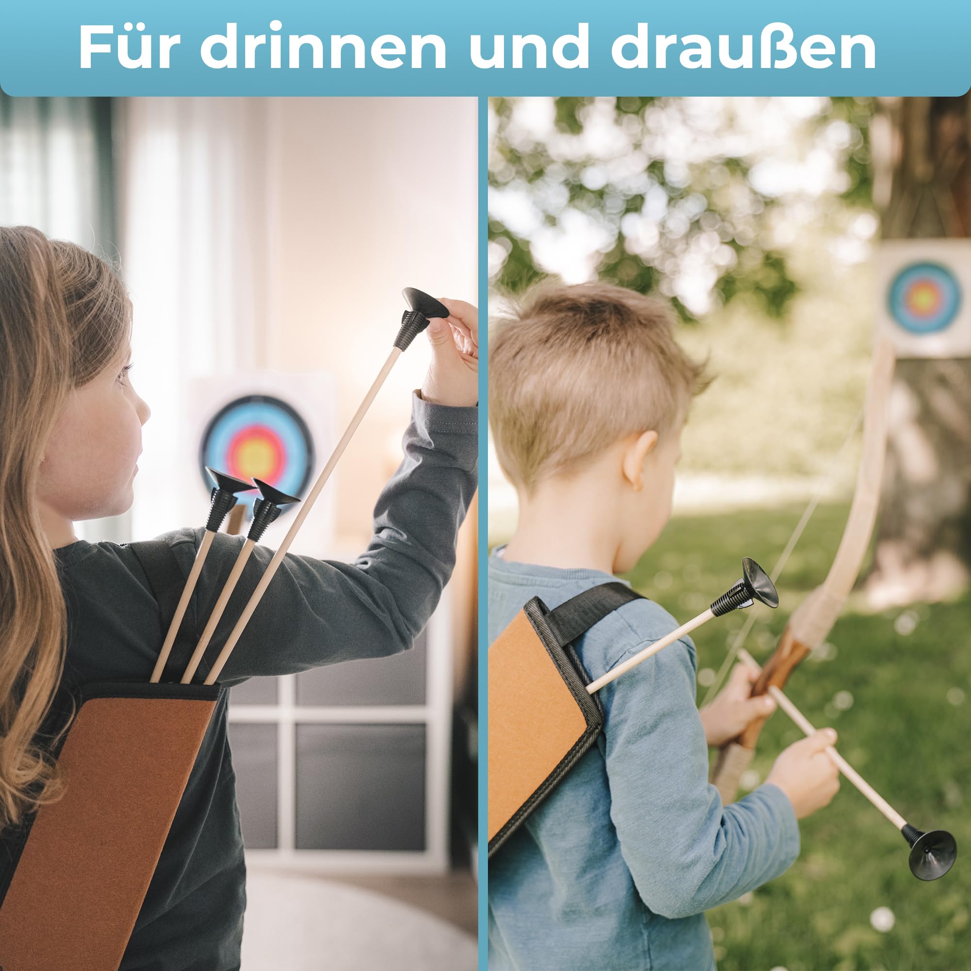BOWRILLA® Pfeil und Bogen Kinder Set mit 6 Saugnapf-Pfeilen, Zielscheibe aus Holz und Köcher | Bogenschießen Kinder Spielzeug für Indoor- und Outdoor Spiele ab 4 Jahren | Für Rechts- und Linkshänder