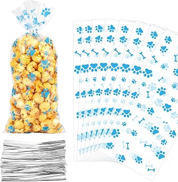 BOEIAC 200 Pcs Paw Print Cellophane Bags, Paw Print Cellophane Treat Bags, Heat Sealable Dog Paw Favor Bags, Clear Gift Candy Bags with 200 Pcs Silver Twist Ties for Pet Birthday Party Favor, Blue