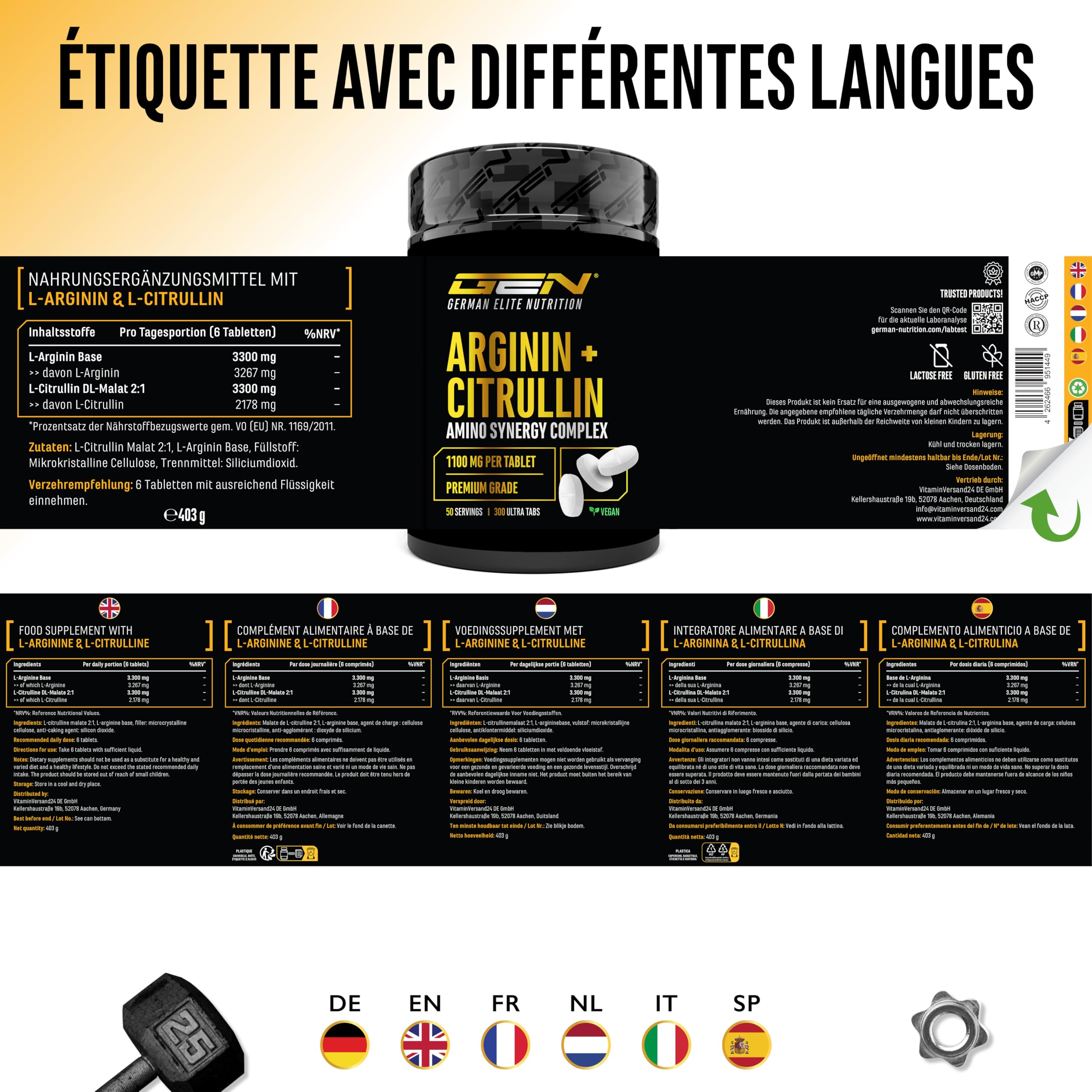 L-arginine + L-citrulline Ultra comprimés - 300 comprimés avec 1100 mg - Association à haute dose de L-arginine base et L-citrulline malate 2:1 - Végan