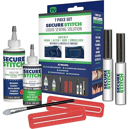 Secure Stitch Liquid Sewing Solution Kit! Fabric Glue That Quickly Mends, Alters, Hems & Embellishes Without a Needle and Thread! Includes: 4oz.Fabric Solution & 2oz All Fabric Solution