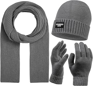 Epomeo - Conjunto de 3 piezas de invierno para hombre, gorro, guantes y bufanda para hombre, tejido suave y cálido, ideal para los días fríos, color negro, gris y azul, gris, Talla única