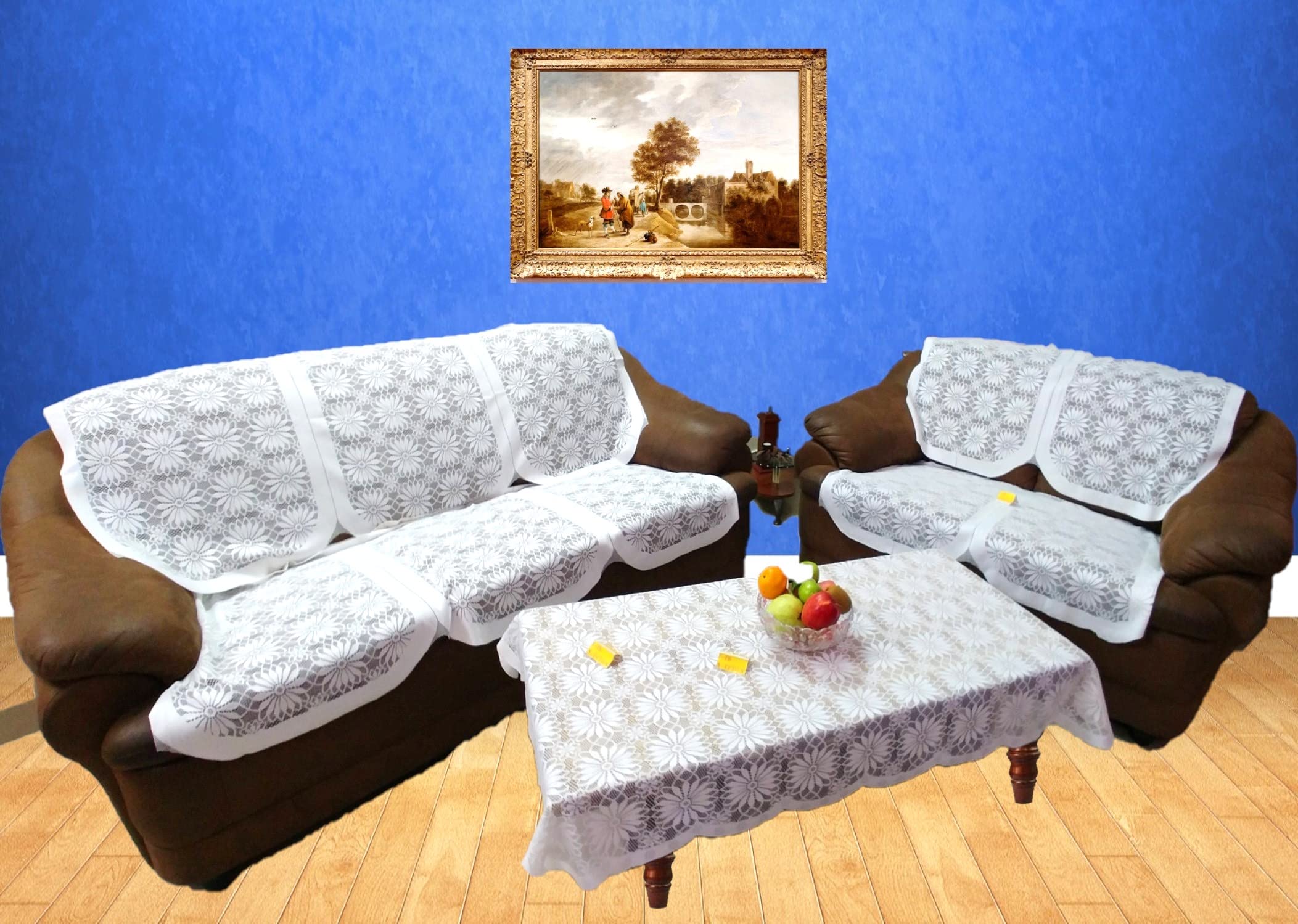 Fab NationSofa Covers for a 5 Seater Sofa Set with Center Table Cover -(Blue,Silver,White)-Screen Prints, Self Design,Heavy Fabric