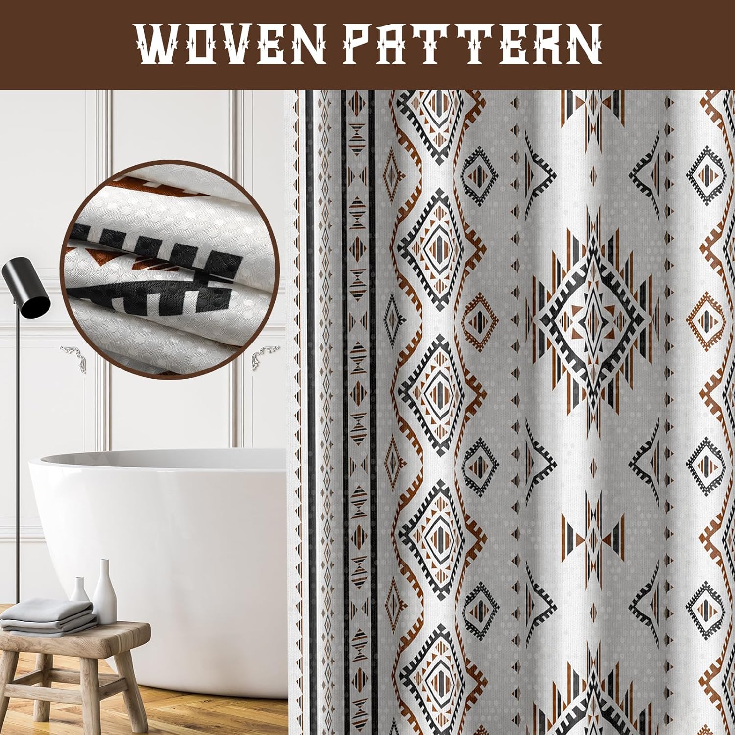 HunnmingRe Western Shower Curtain Waffle Southwest Aztec Geometric Stripes Fabric Shower Curtain Set with Hooks for Bathroom 72 x 72 Inches Boho Bath Curtains (Brown)