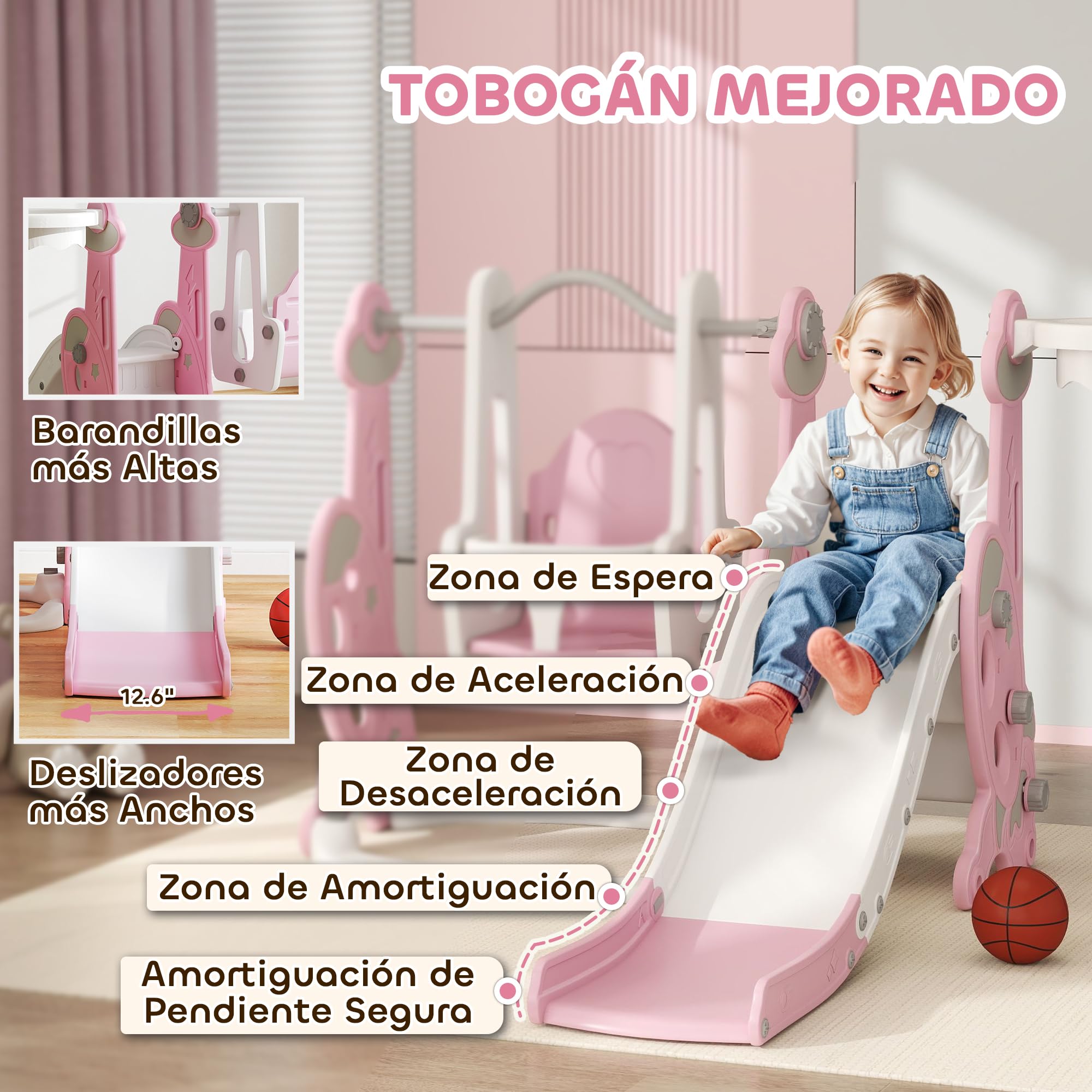AIYAPLAY Tobogán Infantil 4 en 1 Parque Infantil con Columpio y Tobogán Escalador Aro de Baloncesto Temática de Cohete para Interior Rosa y Blanco