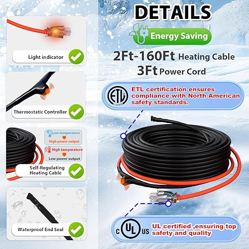 Vista 26 de HEATIT JHSF - Cable calefactor de tuberías autorregulable preensamblado de 30 pies y 120 V