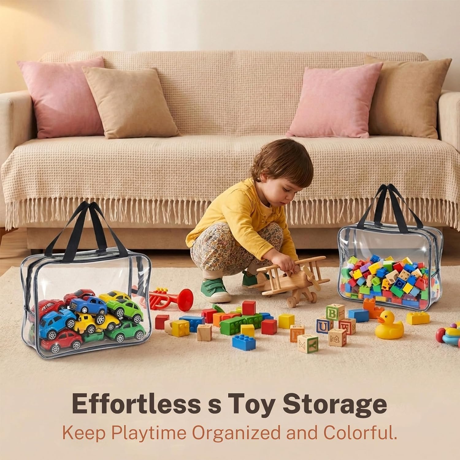 6 Packs Large Toy Storage Bags, Reusable Clear PVC Storage Bags with Zipper, Travel Waterproof Organizer Bags for Puzzles, Building Blocks,Board Game, Kids Books, Stationery (Black)