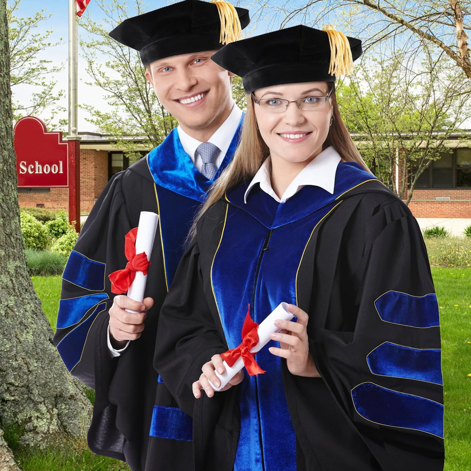 Unisex Deluxe Doctoral Graduation Gown with Graduation Hood and Tam 8 Sided Package Gold Piping Doctoral Regalia Royal Blue-54