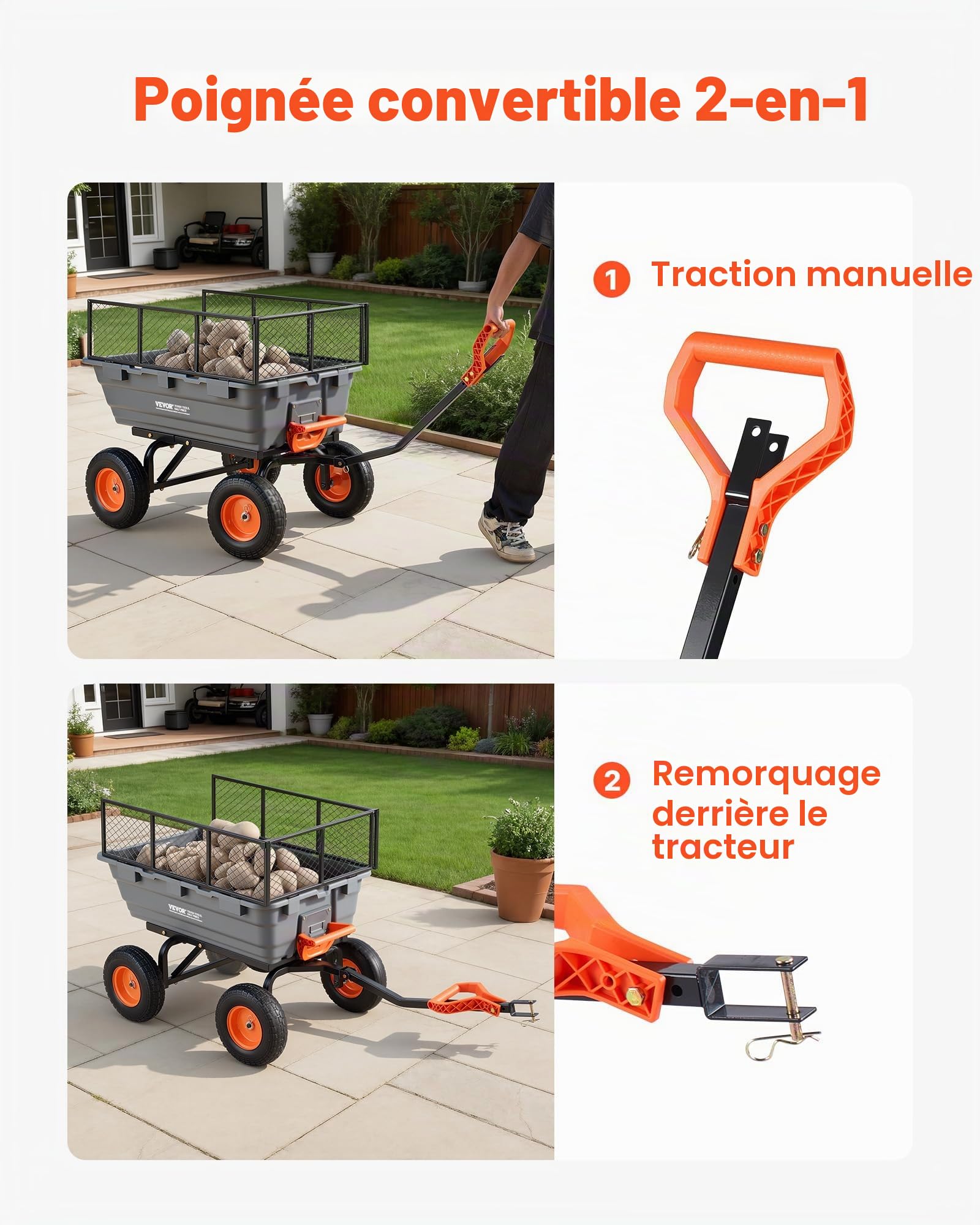 VEVOR Chariot de Jardin Basculant Max. 544 kg Chariot à Benne Basculante PP pour Transport de Bois Plantes Terre, Ridelles Amovibles, Poignée 2-en-1 Tractable, 4 Roues Increvables, Basculement à 90°