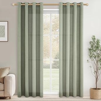 CUTEWIND Linen Look Sage Green Semi-Transparent Curtains Scarves 2 Set with Eyelets for Living Room 225 cm Long 140 cm Wide Linen Curtains Children's Room Bedroom Curtains Living Room