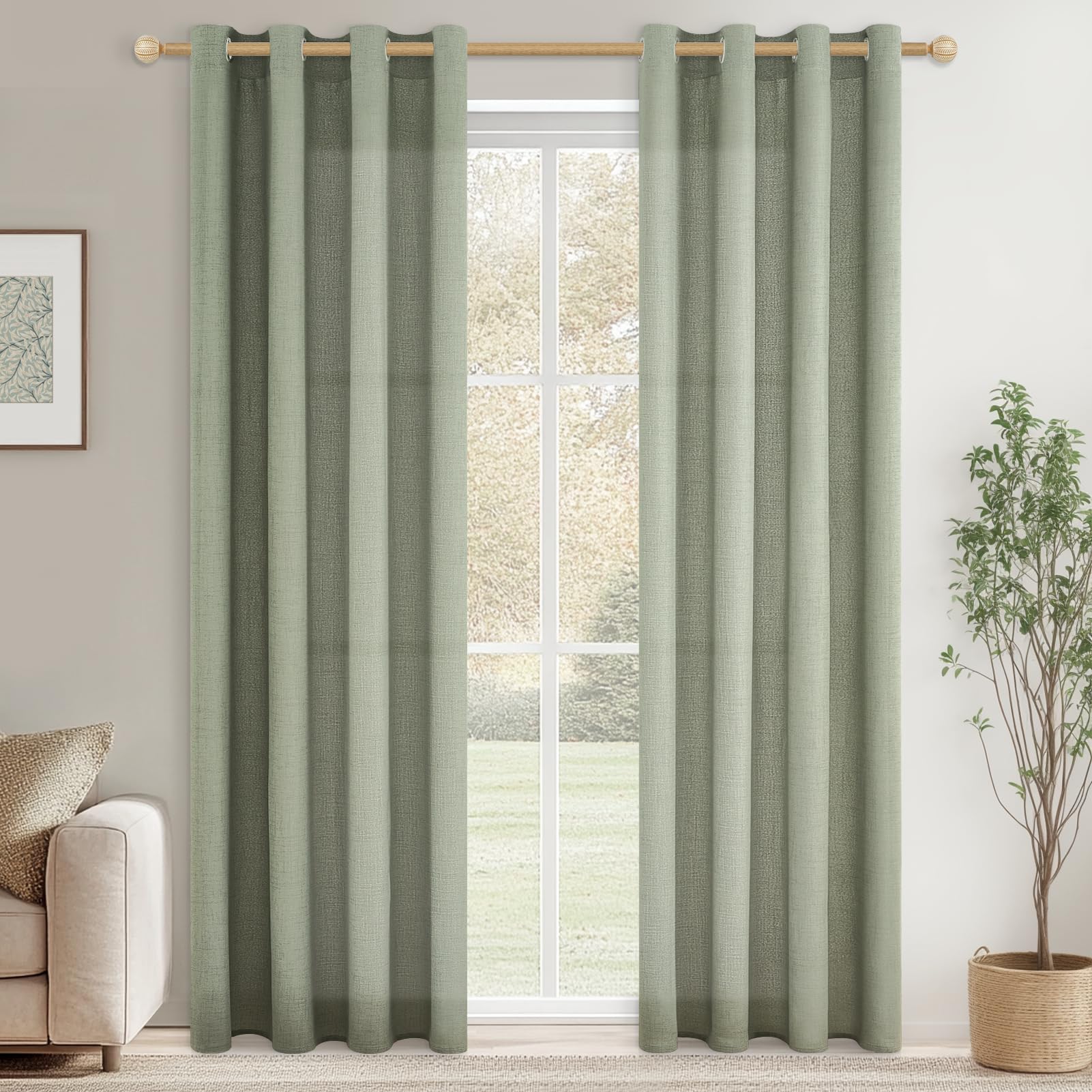 CUTEWIND Linen Curtains Living Room Curtains with Eyelets, Linen Look, Semi-Transparent, Sage Green, Set of 2, 215 cm Long, 140 cm Wide, Linen Curtain, Living Room Curtain Scarves Bedroom