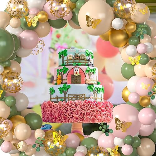Miniatura 4 de Kit de arco de globos de color verde salvia, rosa, 153 unidades, rosa claro, verde oliva, rubor, blanco, dorado, globos de confeti, guirnalda de