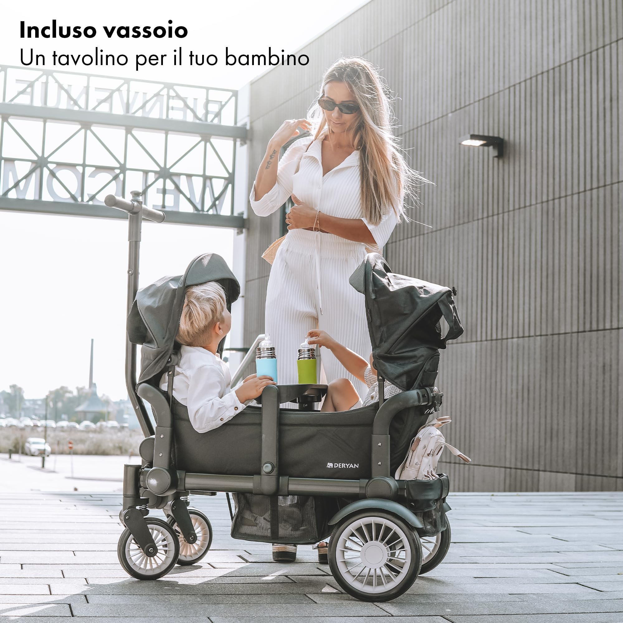 Deryan Luxe Sandy carretto a mano - Duo buggy - tandem buggy - pieghevole - carretto pieghevole - carrozzina duo - Nero