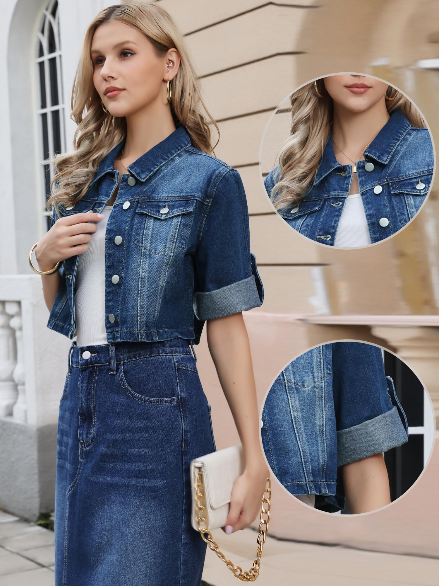 Allegra K Veste En Jean Femme Coupe Décontractée Col Boutonné Et Manches 3/4 Blouson Court En Denim