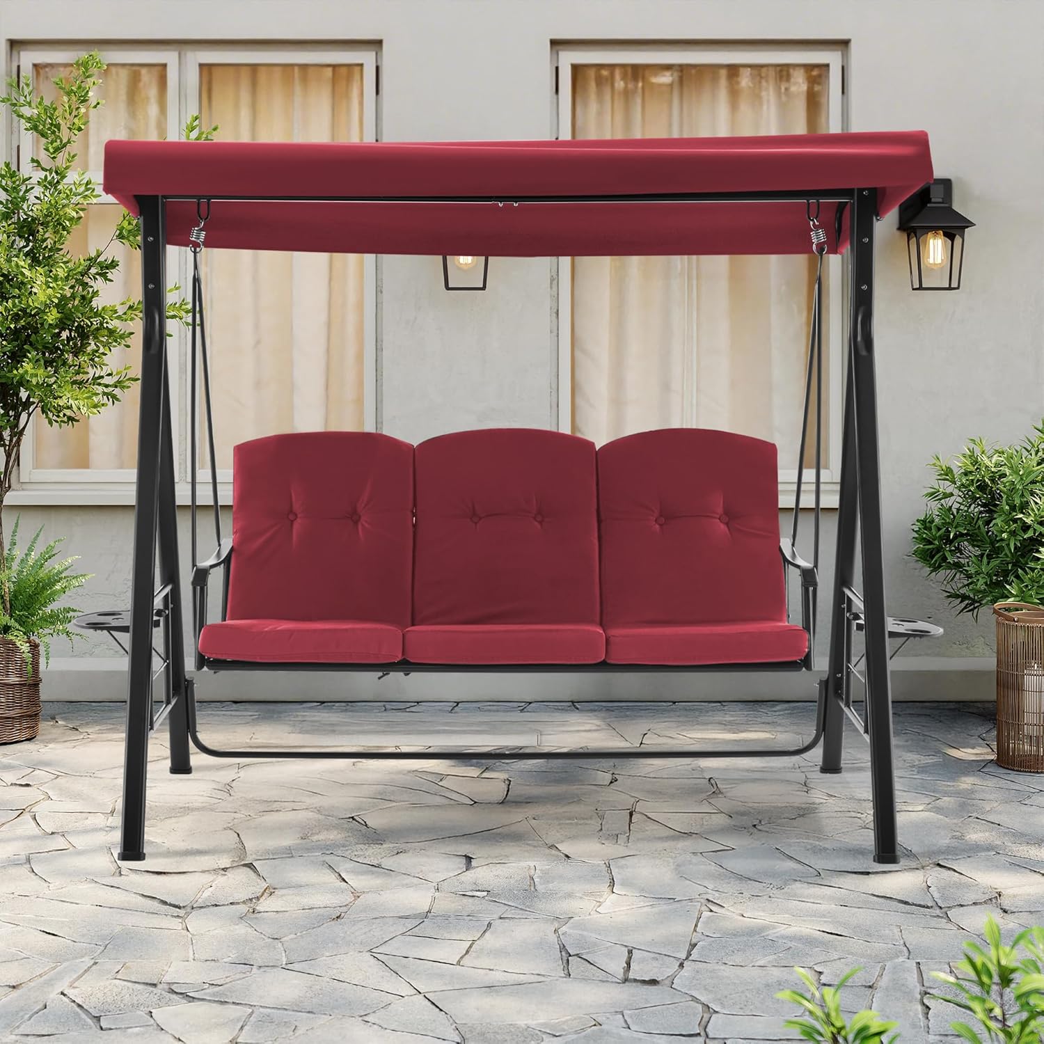 MCombo 3 Seat Patio Swings with Adjustable Canopy, Outdoor Porch Swing Chair with Stand for Backyard, Poolside, Balcony 4092 (Burgundy)