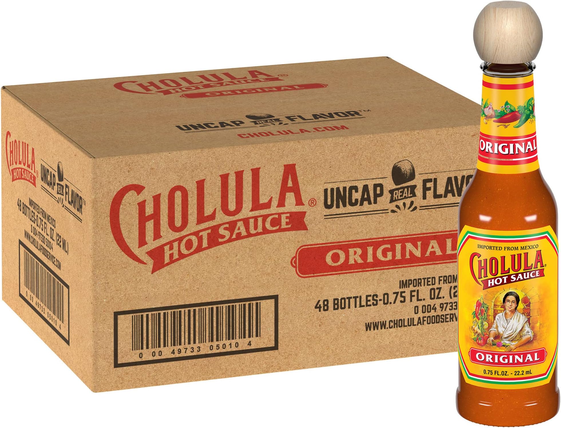 Cholula Original Hot Sauce Travel Sized Bottle, 48 count - 48 Pack of 0.75 Fluid Ounce Bottles of Hot Sauce with Mexican Peppers, Perfect Size for Delivery and Takeout Orders