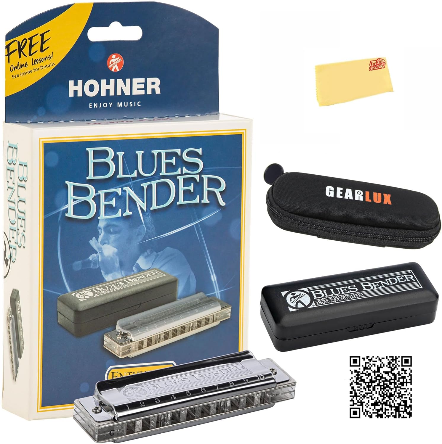 Hohner Blues Bender Harmonica - Key of C Bundle with Case, Zip Pouch, Austin Bazaar Online Manual, and Polishing Cloth