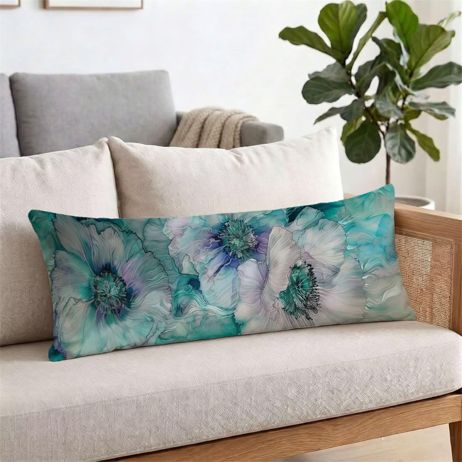 Funda de Almohada 60 x 180 cm Azul Protector Almohada 180 cm con Cremallera Invisible, Terciopelo Suave y Transpirable Pillow Case Flor Impresión a Doble Cara para Cama, Sofá y Dormitorio dg-563