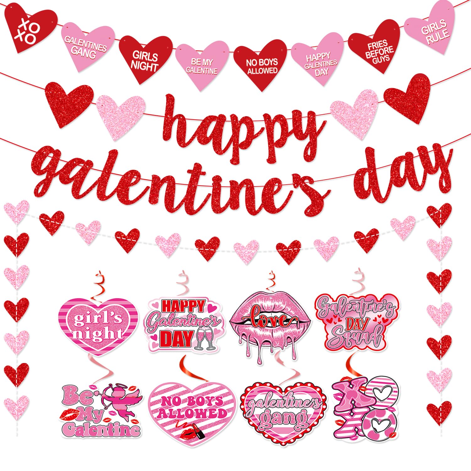 Deneo Happy Galentine's Day Banner, Red Glittery Galentine’s Day Decorations with Heart Garland Hanging Swirls, Ladies Girls Happy Valentine’s Day Party Decorations Photo Prop